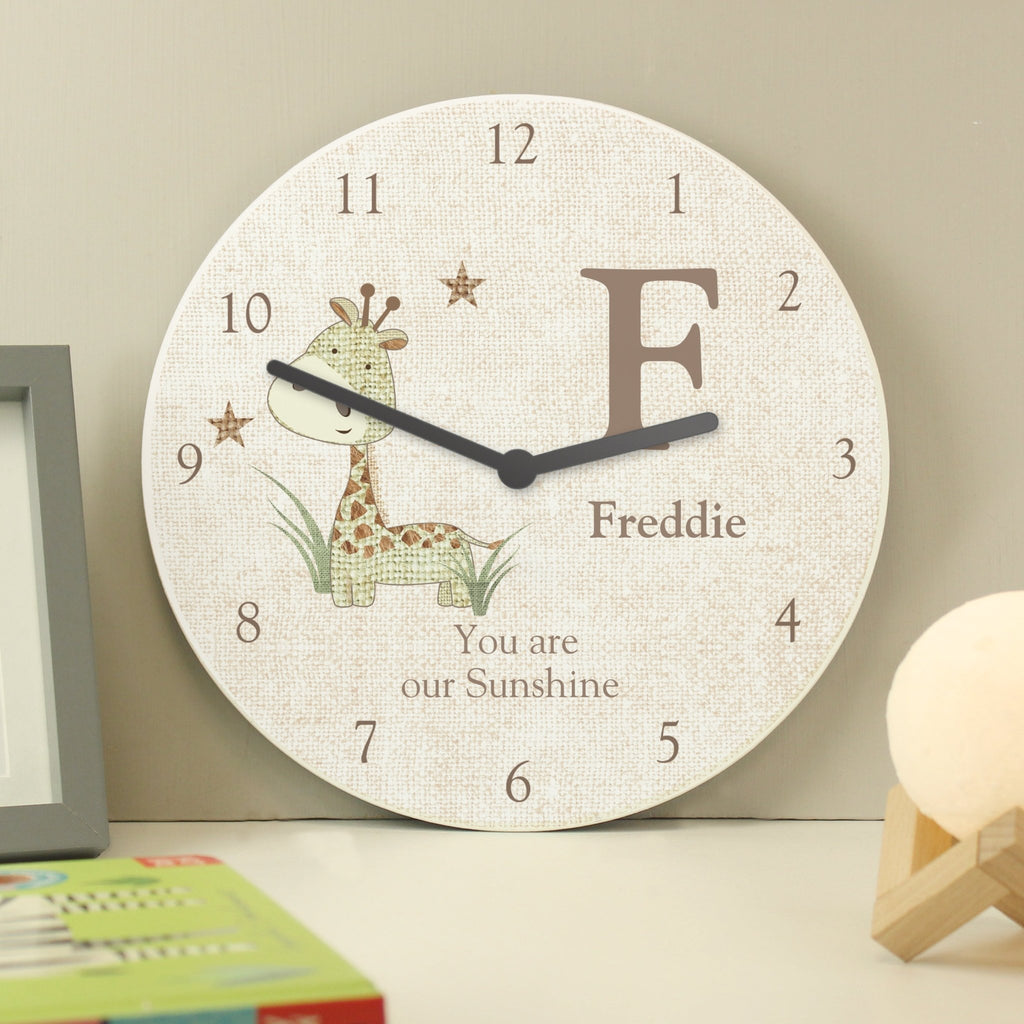 Personalised Hessian Giraffe Shabby Chic Large Wooden Clock | Inspired Creative Gifts | UK Supplier