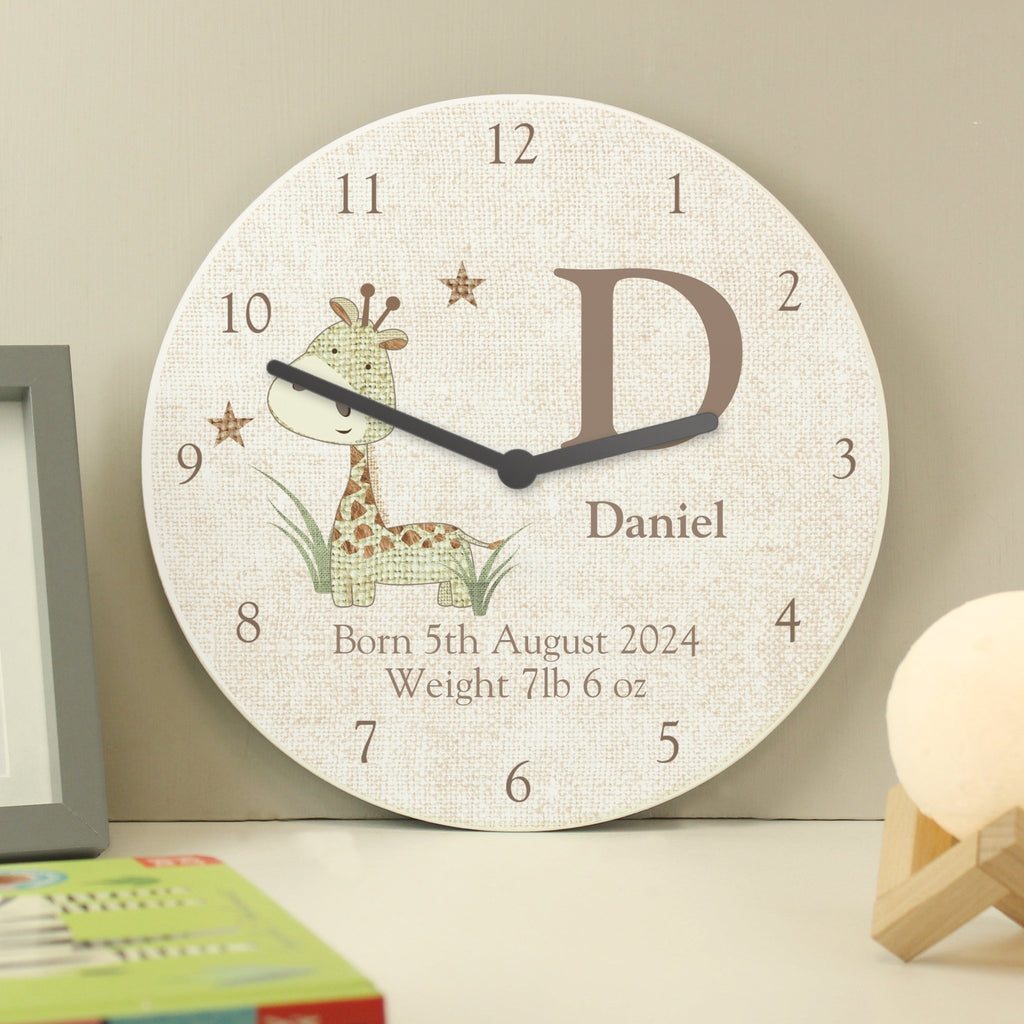 Personalised Hessian Giraffe Shabby Chic Large Wooden Clock | Inspired Creative Gifts | UK Supplier