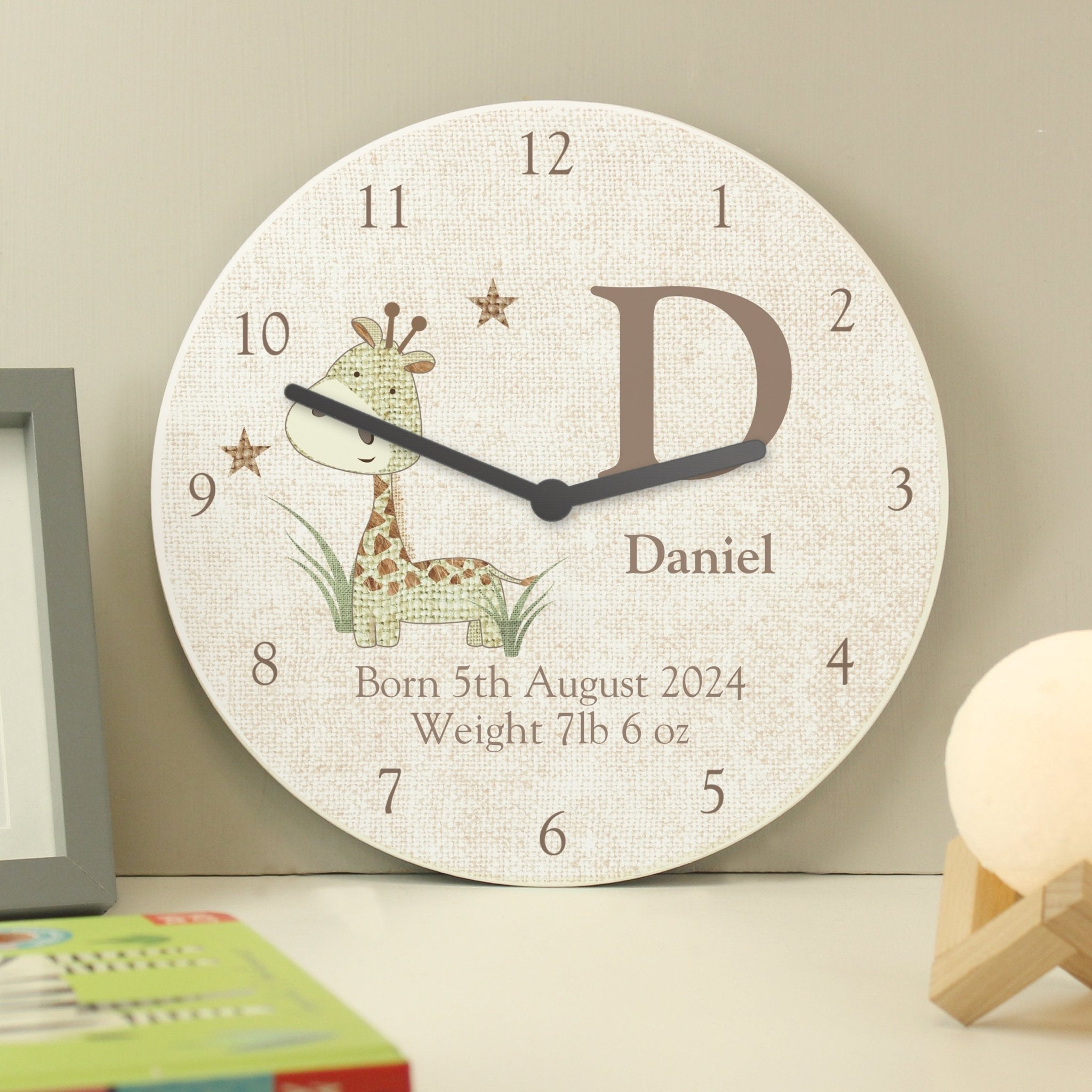 Personalised Hessian Giraffe Shabby Chic Large Wooden Clock | Inspired Creative Gifts | UK Supplier