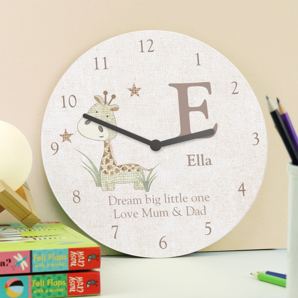 Personalised Hessian Giraffe Shabby Chic Large Wooden Clock | Inspired Creative Gifts | UK Supplier