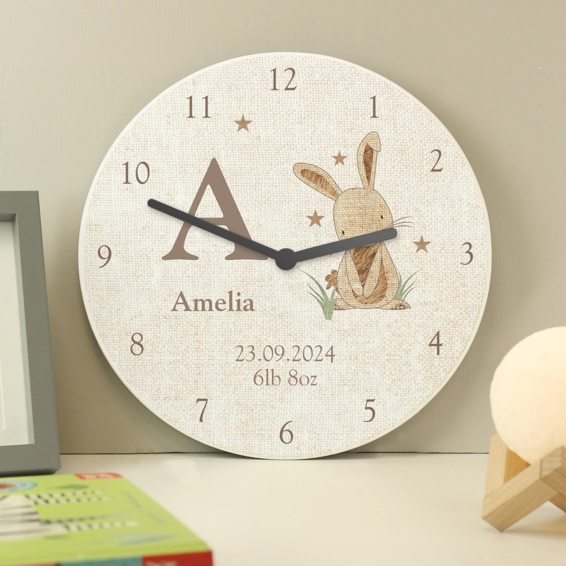 Personalised Hessian Rabbit Shabby Chic Large Wooden Clock | Inspired Creative Gifts | UK Supplier