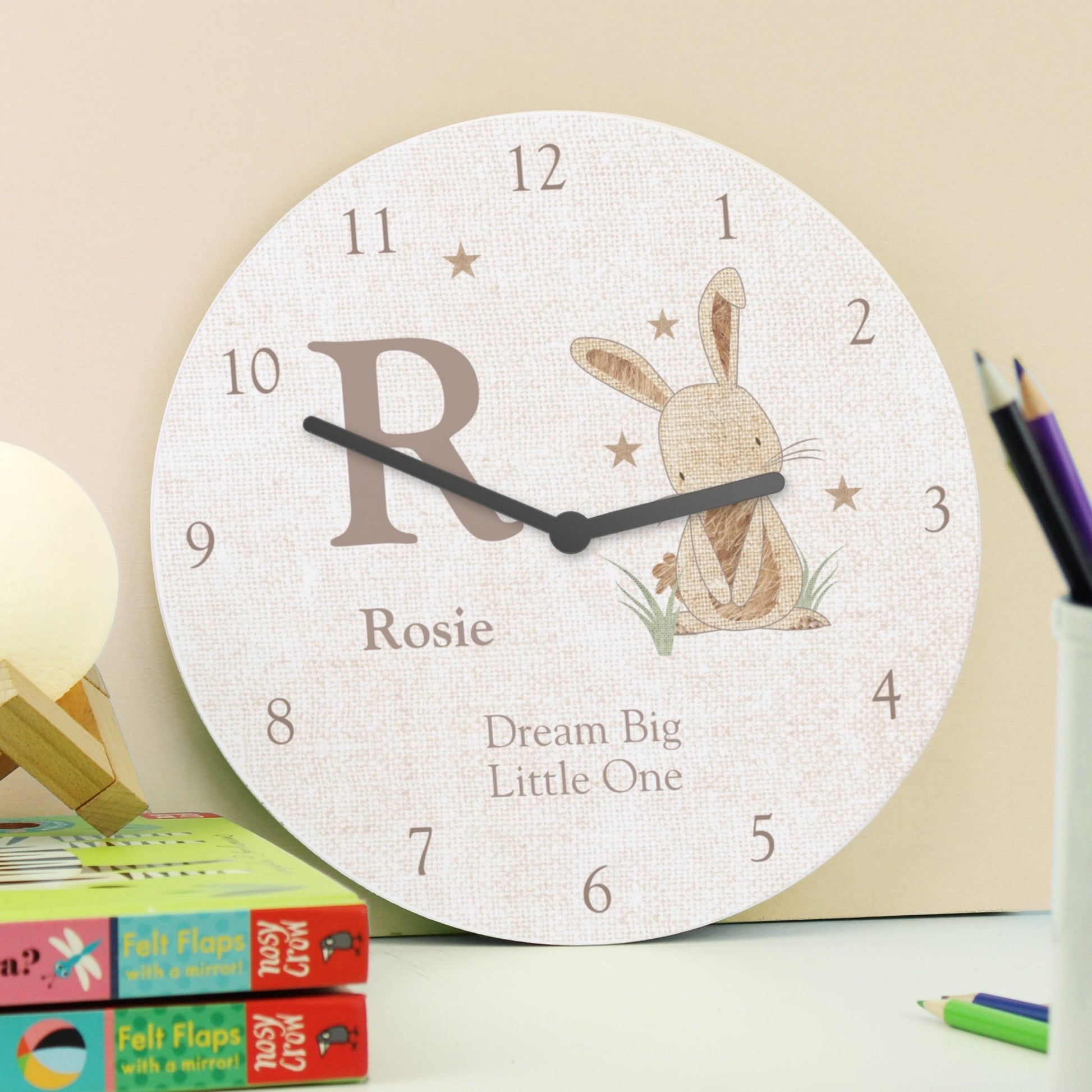 Personalised Hessian Rabbit Shabby Chic Large Wooden Clock | Inspired Creative Gifts | UK Supplier