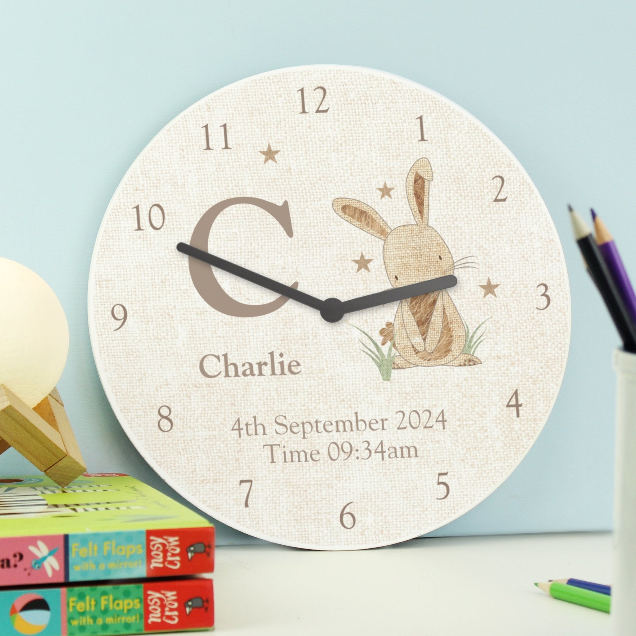 Personalised Hessian Rabbit Shabby Chic Large Wooden Clock | Inspired Creative Gifts | UK Supplier