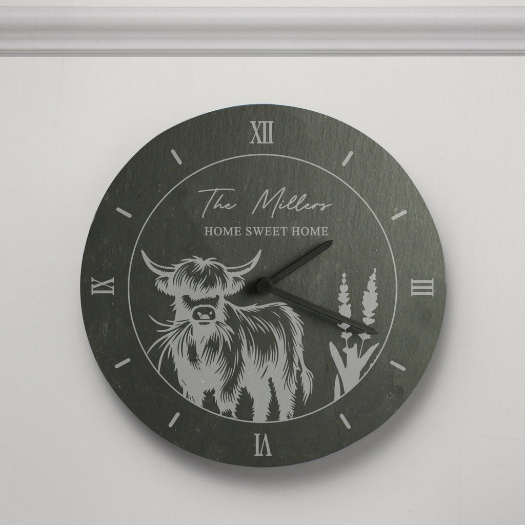 Personalised Highland Cow Slate Clock | Inspired Creative Gifts | UK Supplier