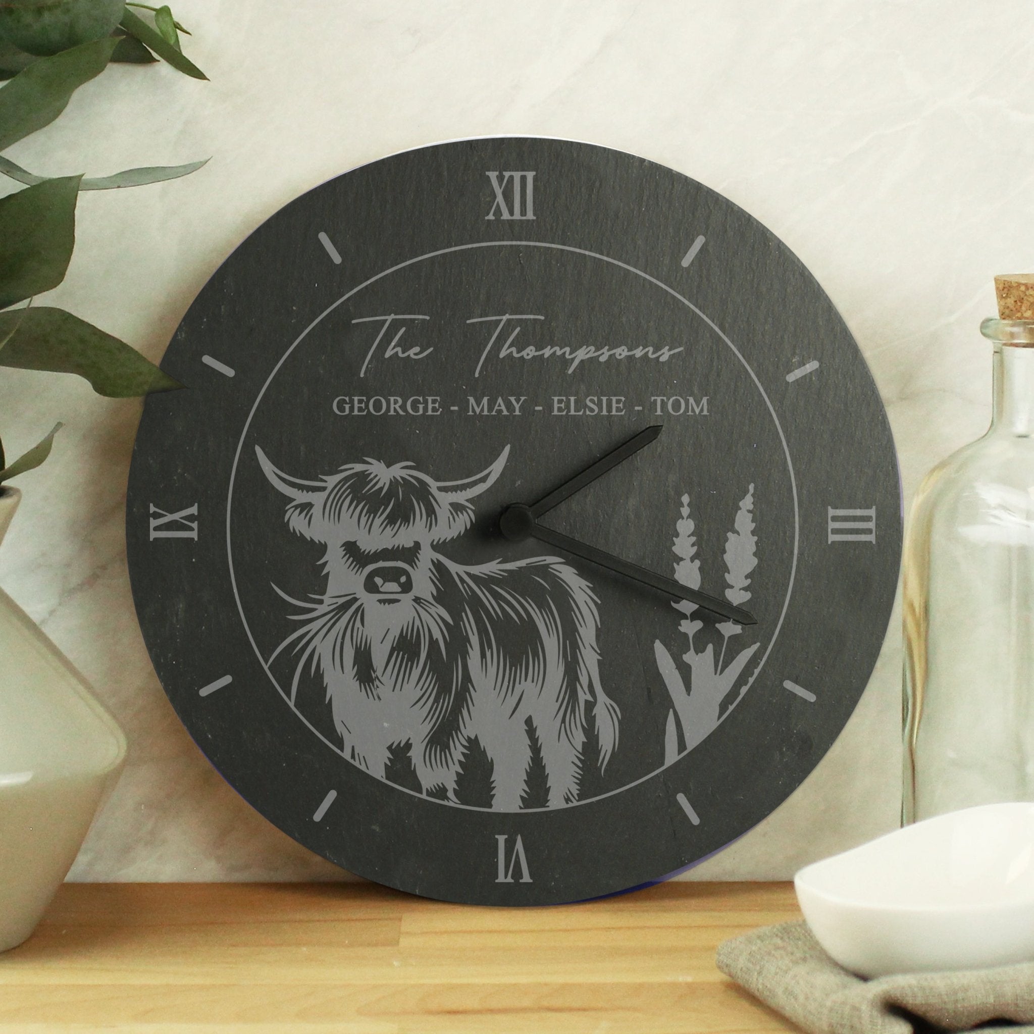 Personalised Highland Cow Slate Clock | Inspired Creative Gifts | UK Supplier