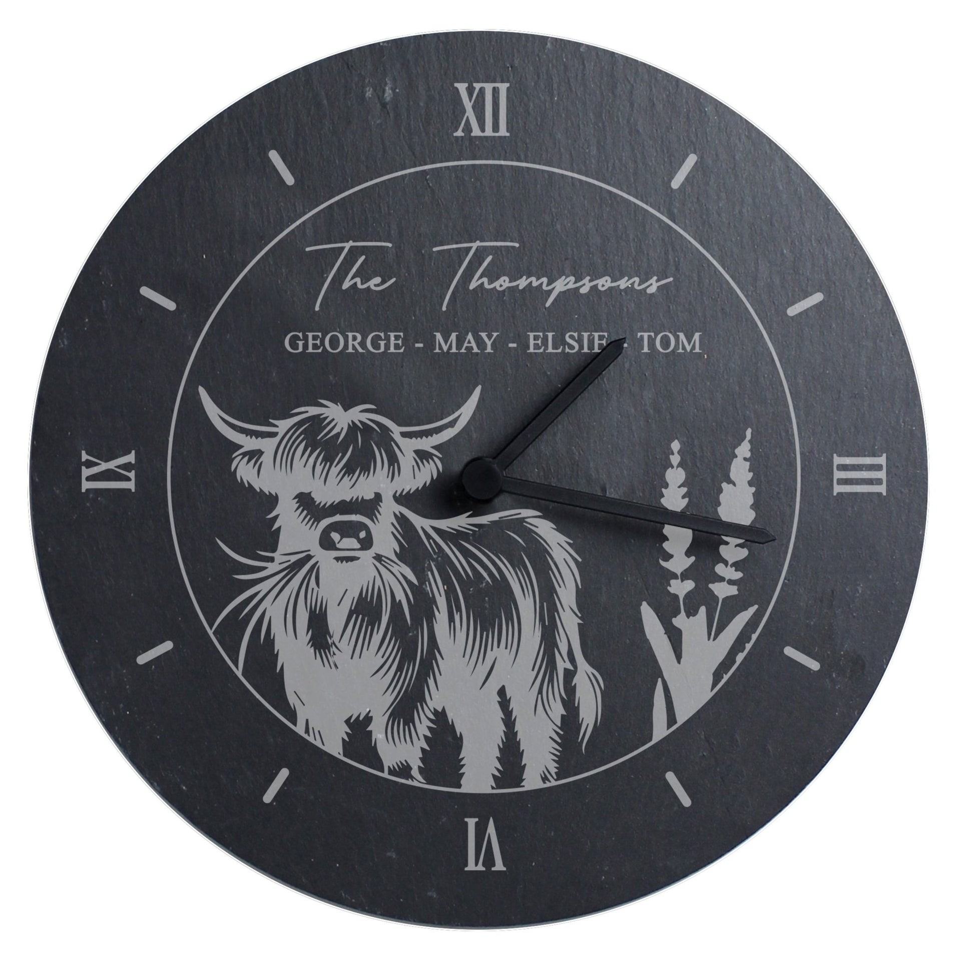 Personalised Highland Cow Slate Clock | Inspired Creative Gifts | UK Supplier