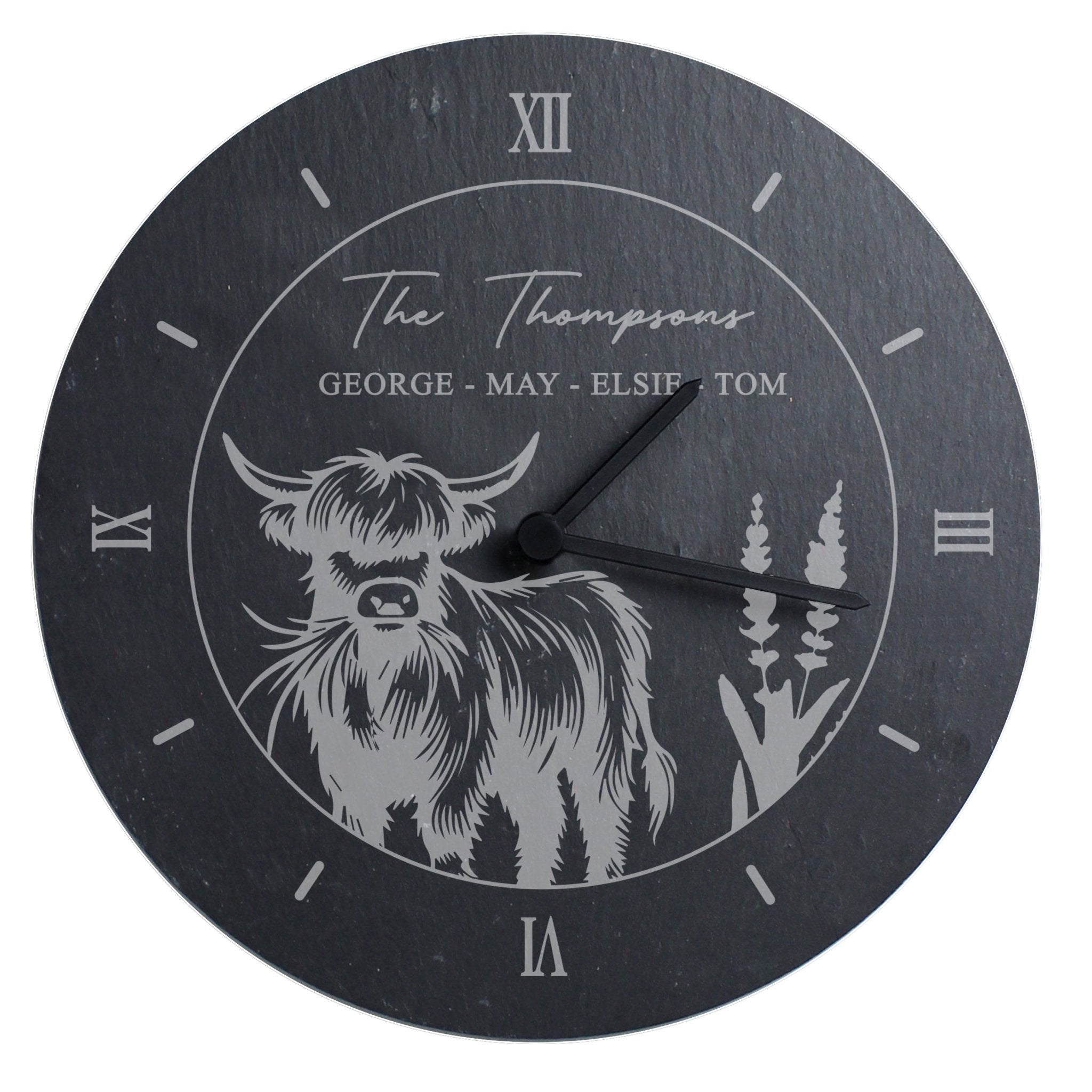 Personalised Highland Cow Slate Clock | Inspired Creative Gifts | UK Supplier