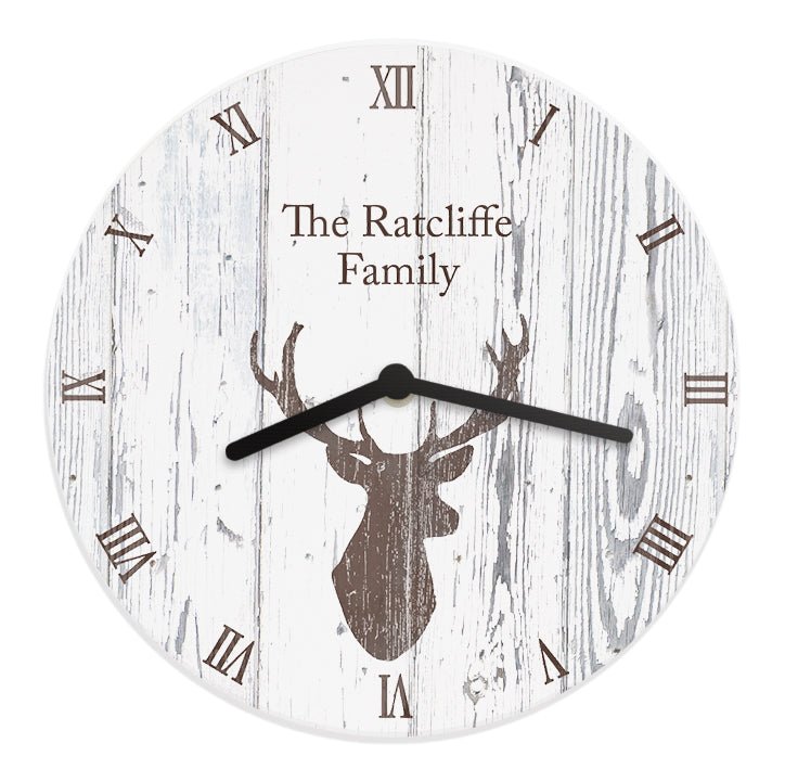 Personalised Highland Stag Shabby Chic Wooden Clock | Inspired Creative Gifts | UK Supplier