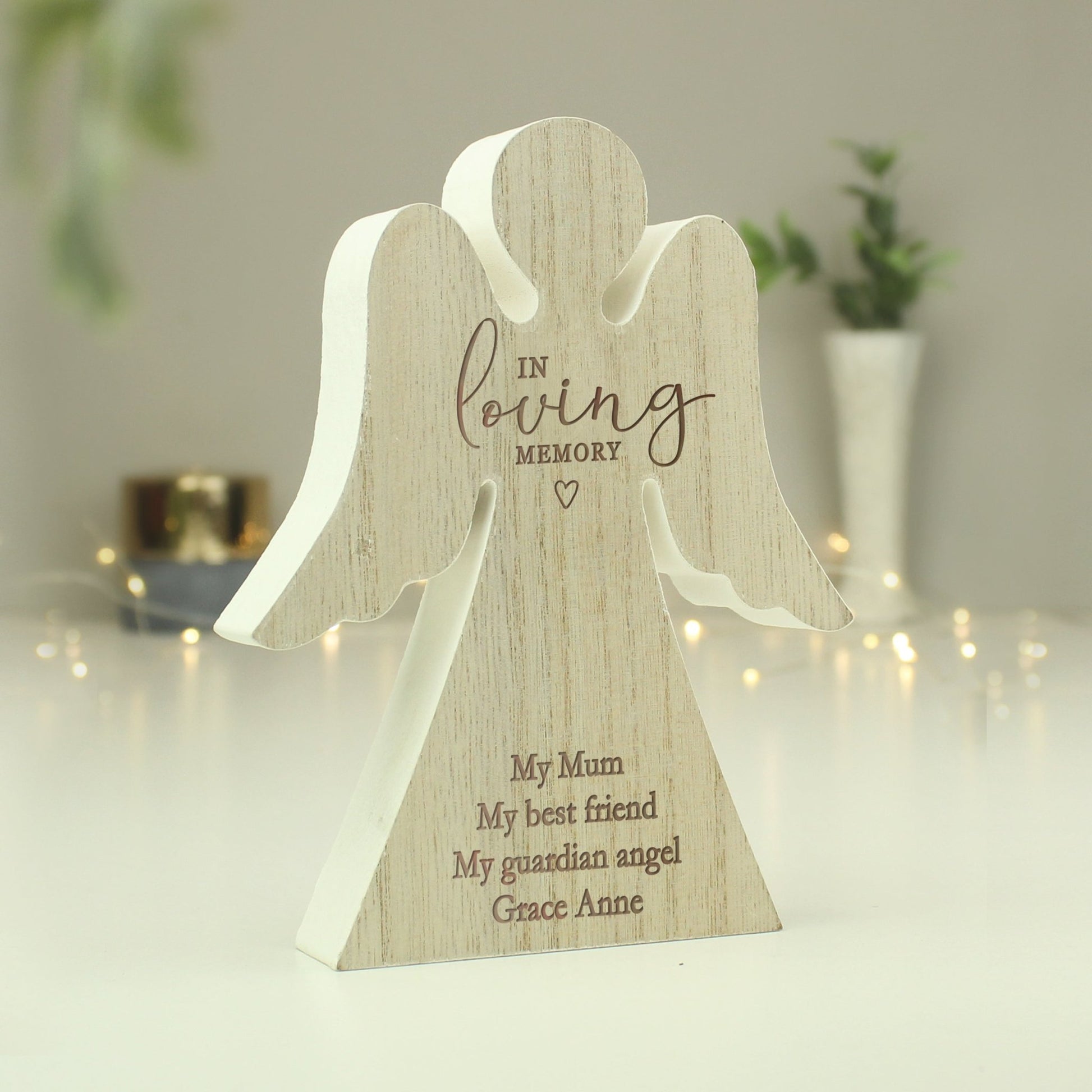 Personalised In Loving Memory Rustic Wooden Angel Decoration | Inspired Creative Gifts