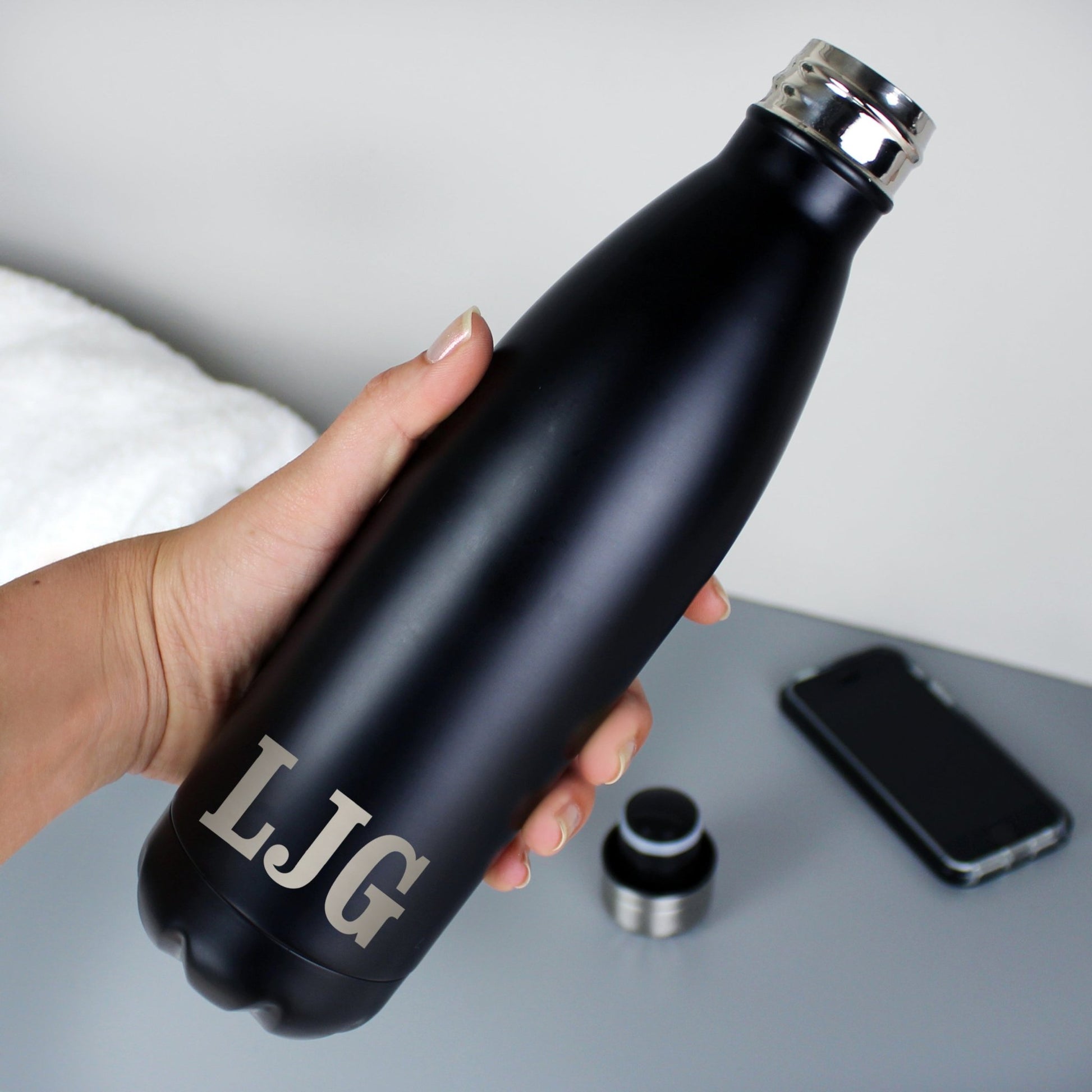 Personalised Initials Black Metal Insulated Drinks Bottle | Inspired Creative Gifts