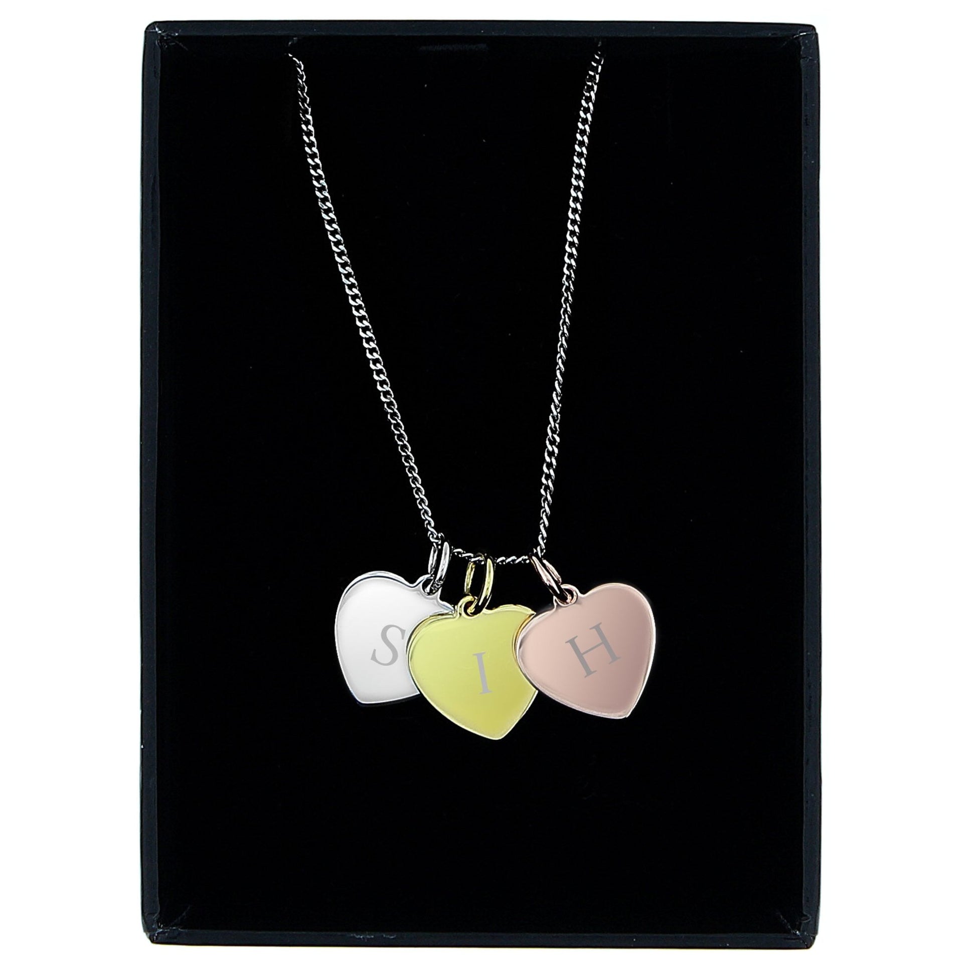 Personalised Initials Gold Rose Gold and Silver 3 Hearts Necklace | Inspired Creative Gifts | UK Supplier