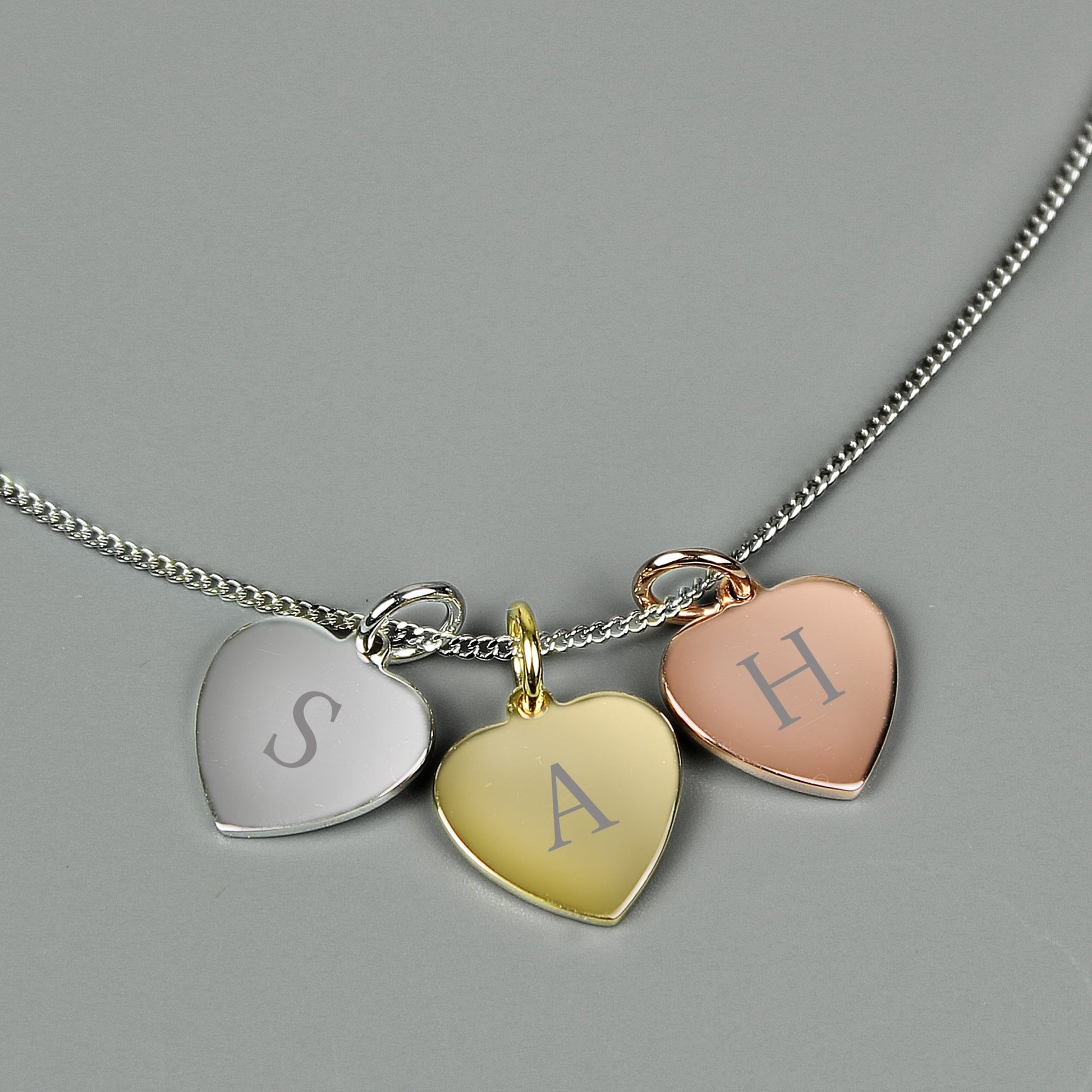 Personalised Initials Gold Rose Gold and Silver 3 Hearts Necklace | Inspired Creative Gifts | UK Supplier