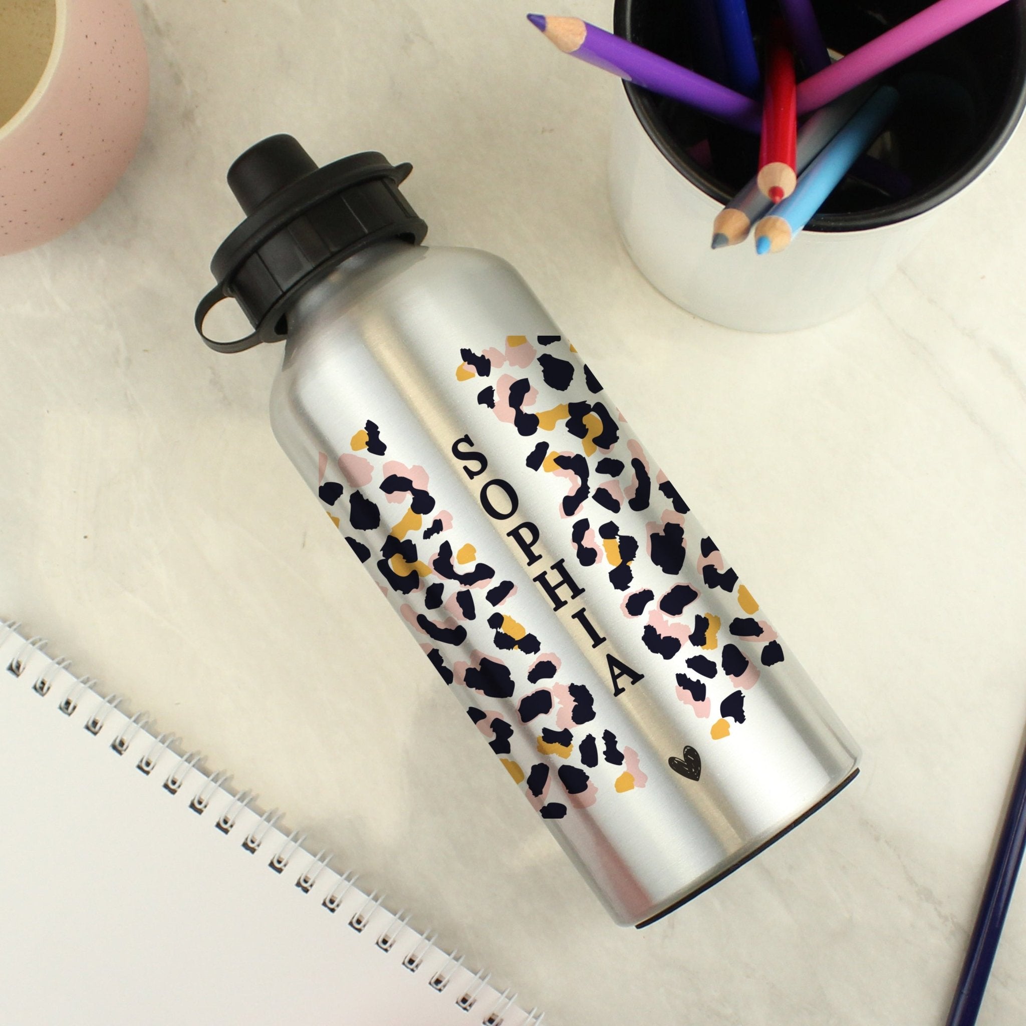 Personalised Leopard Print Silver Drinks Bottle | Inspired Creative Gifts | UK Supplier