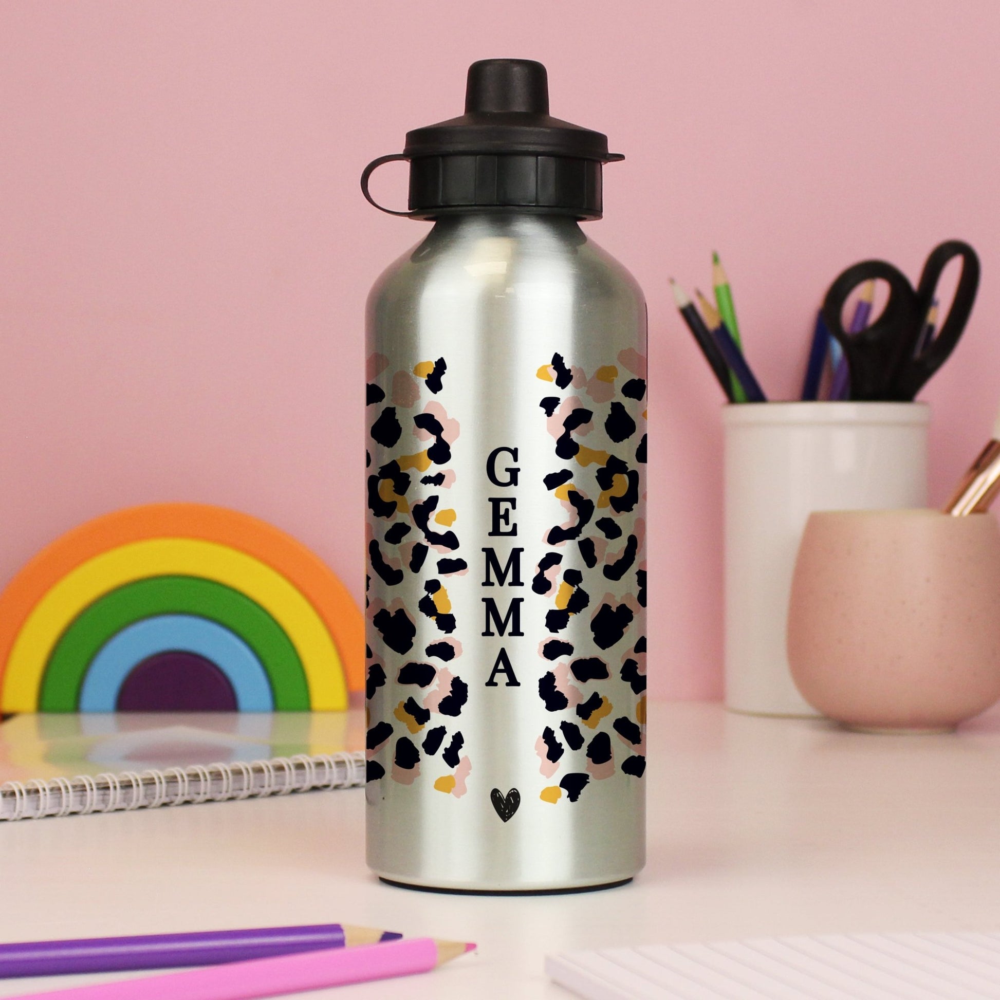 Personalised Leopard Print Silver Drinks Bottle | Inspired Creative Gifts