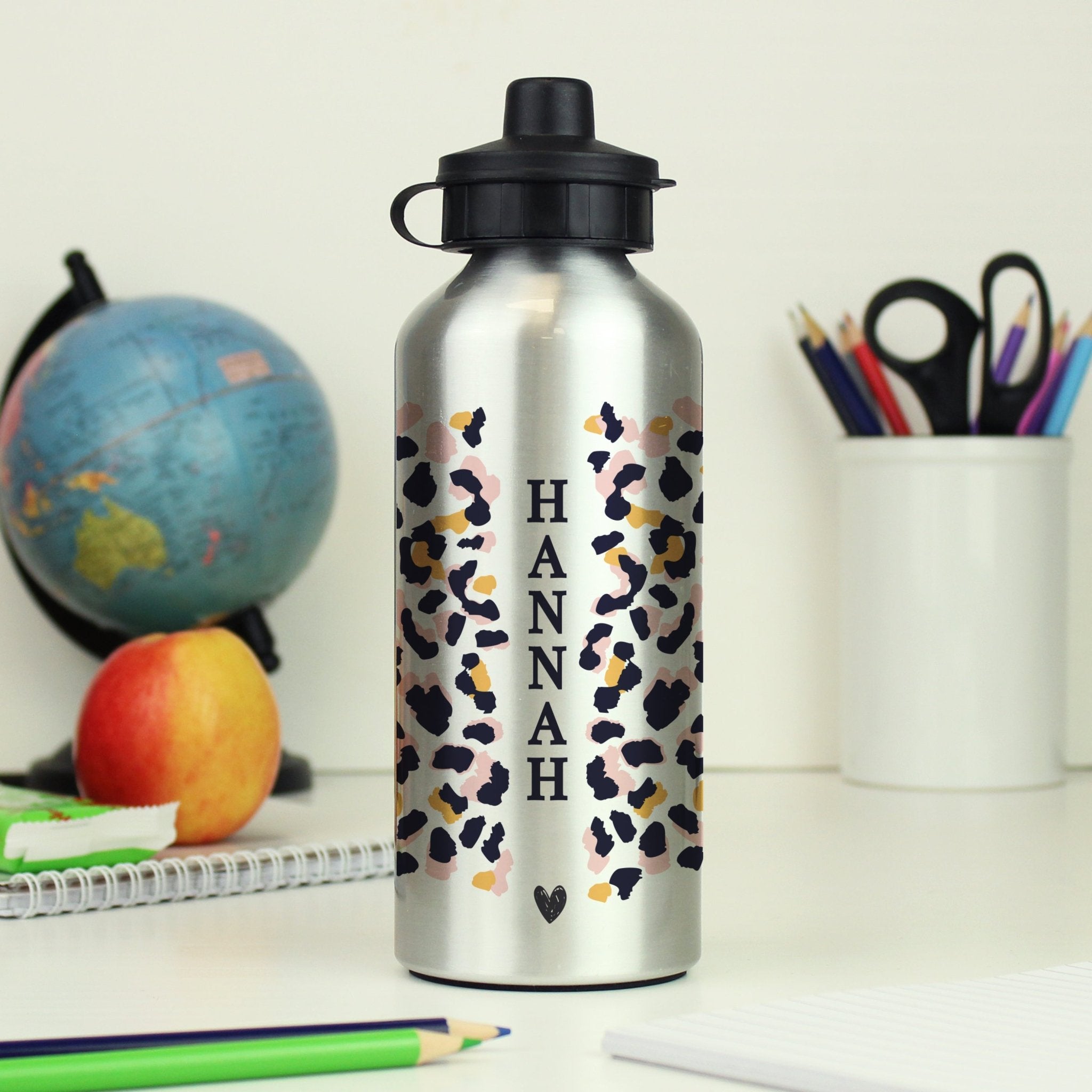 Personalised Leopard Print Silver Drinks Bottle | Inspired Creative Gifts | UK Supplier