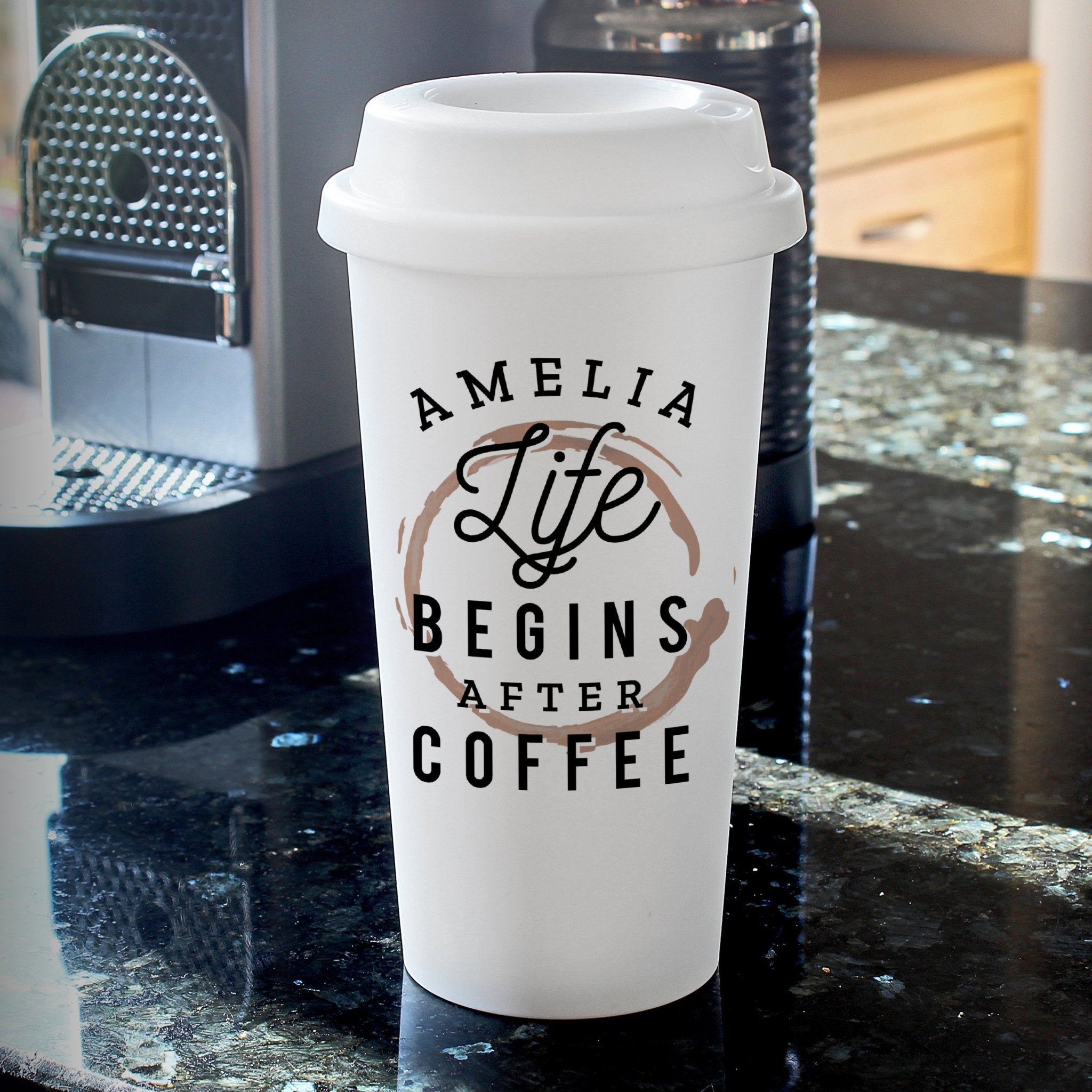 Personalised 'Life Begins After Coffee' Insulated Reusable Eco Travel Cup | Inspired Creative Gifts | UK Supplier