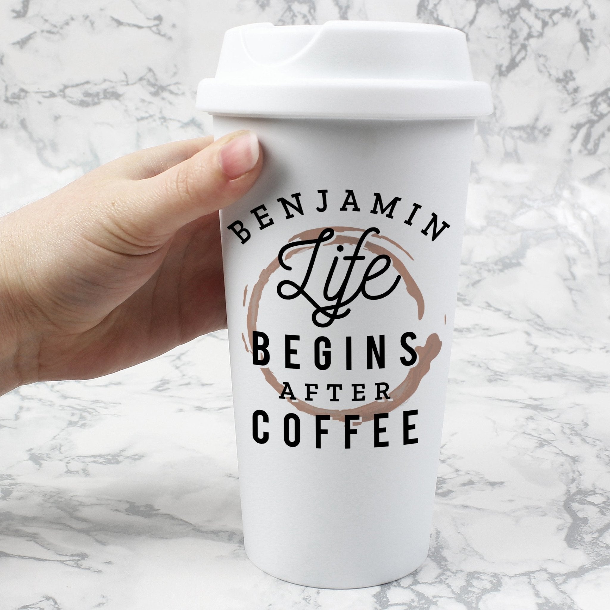Personalised 'Life Begins After Coffee' Insulated Reusable Eco Travel Cup | Inspired Creative Gifts | UK Supplier