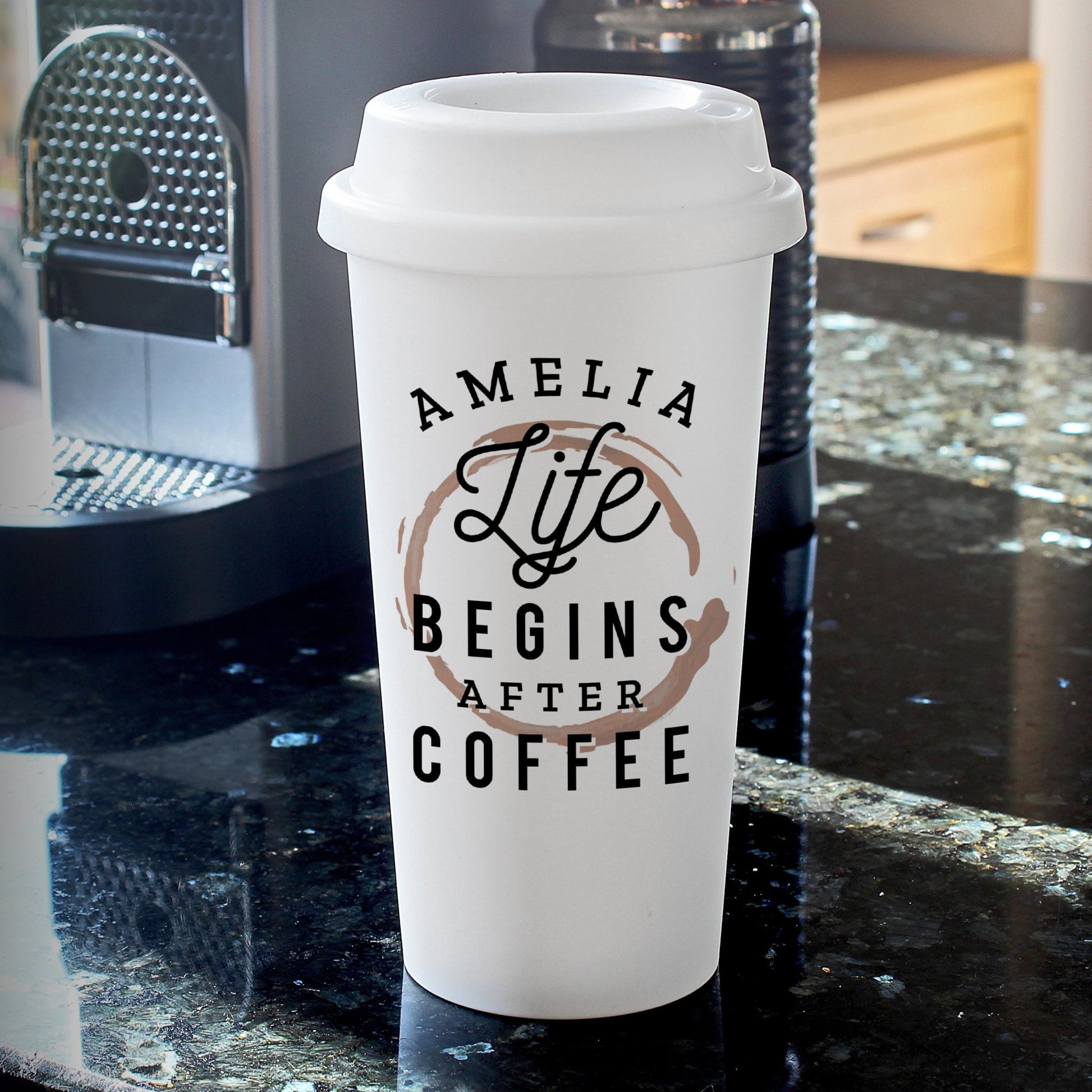 Personalised 'Life Begins After Coffee' Insulated Reusable Eco Travel Cup | Inspired Creative Gifts