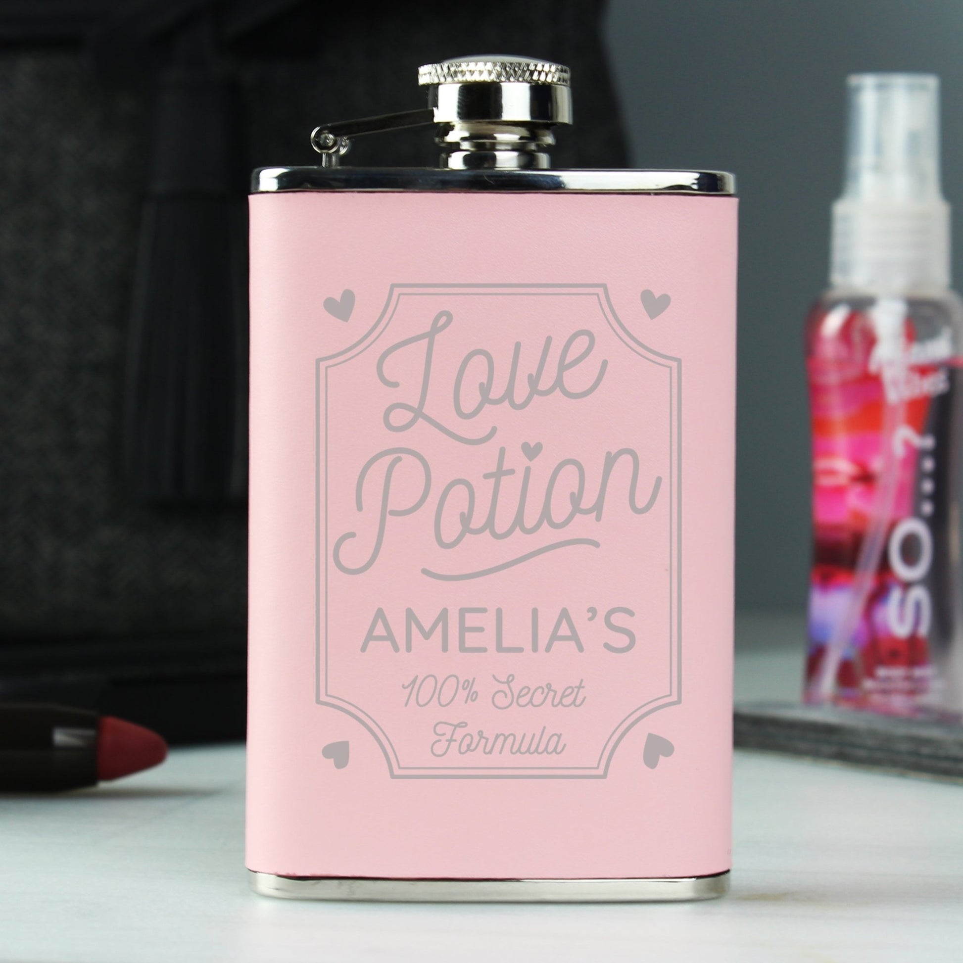Personalised Love Potion Pink Hip Flask | Inspired Creative Gifts | UK Supplier