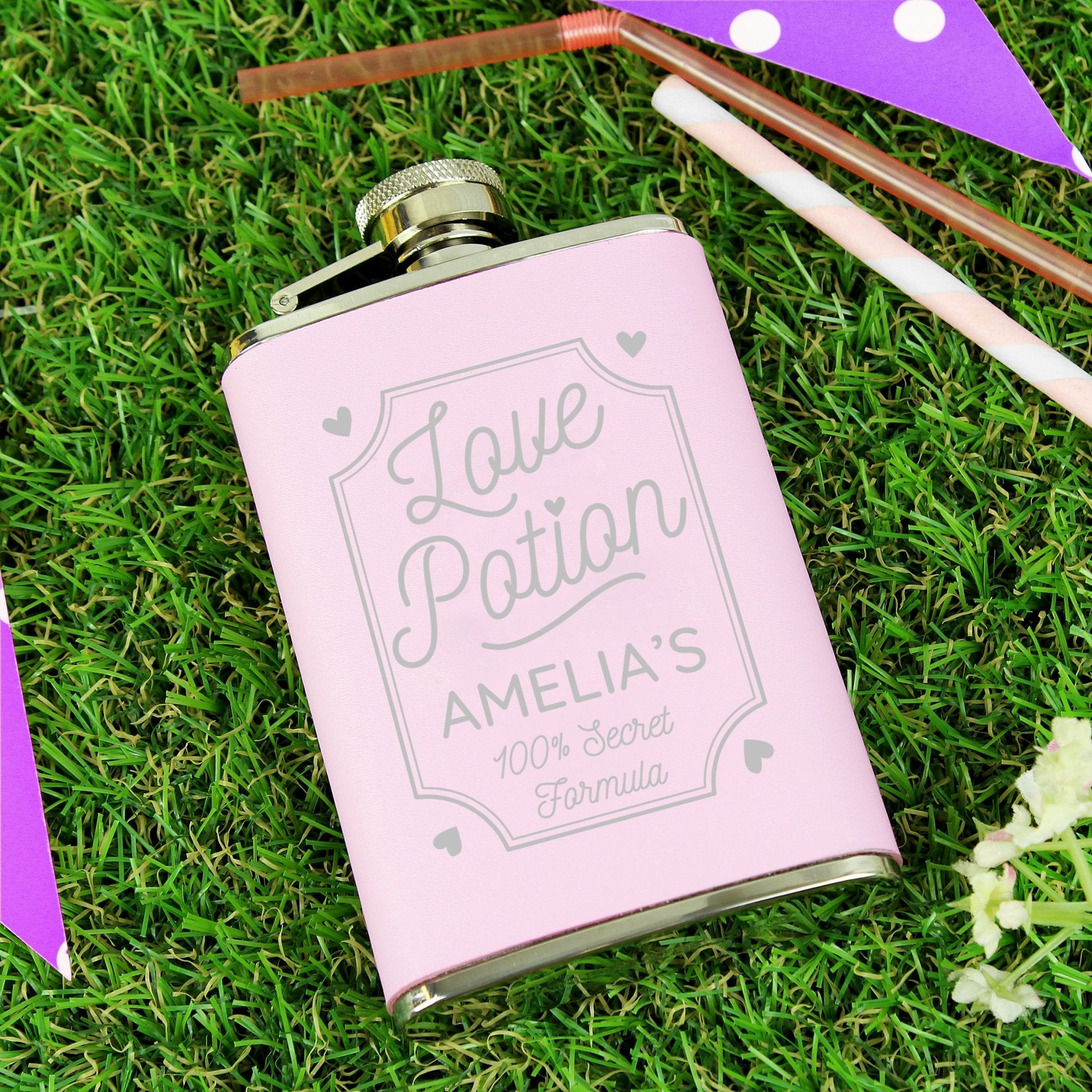 Personalised Love Potion Pink Hip Flask | Inspired Creative Gifts | UK Supplier