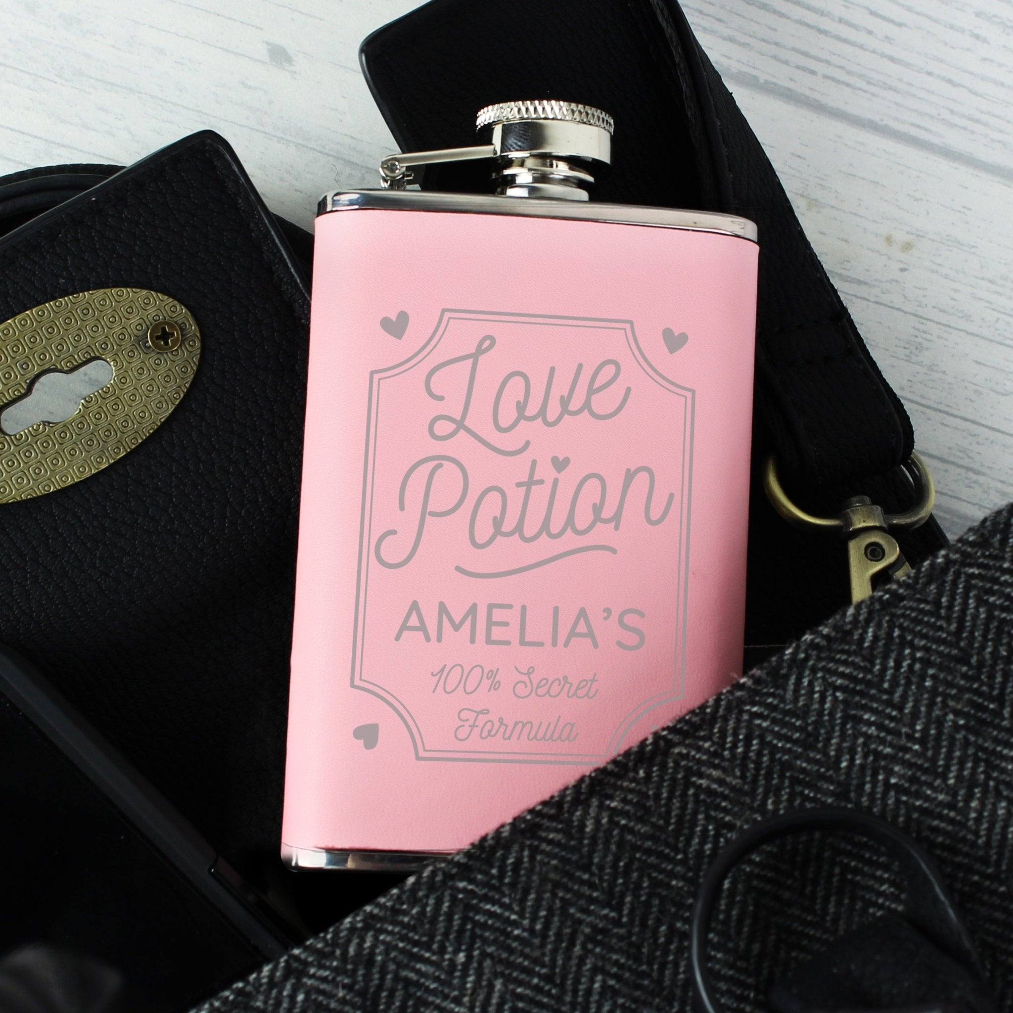 Personalised Love Potion Pink Hip Flask | Inspired Creative Gifts | UK Supplier