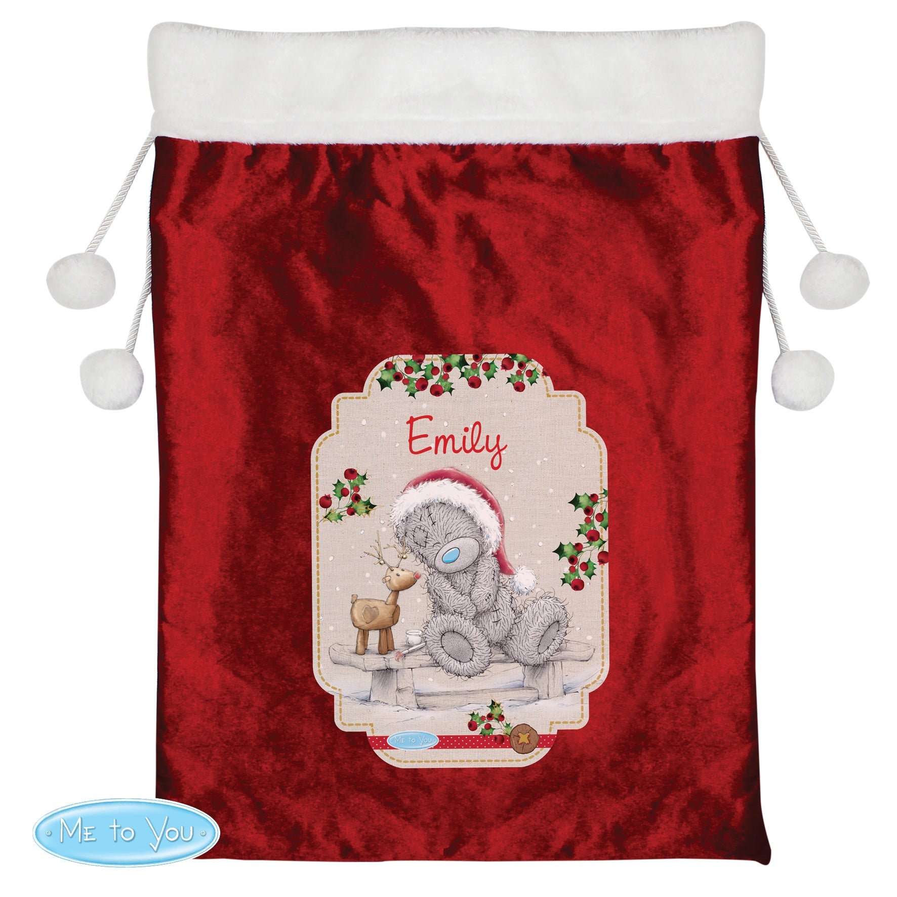 Personalised Me to You Reindeer Luxury Pom Pom Red Sack | Inspired Creative Gifts | UK Supplier