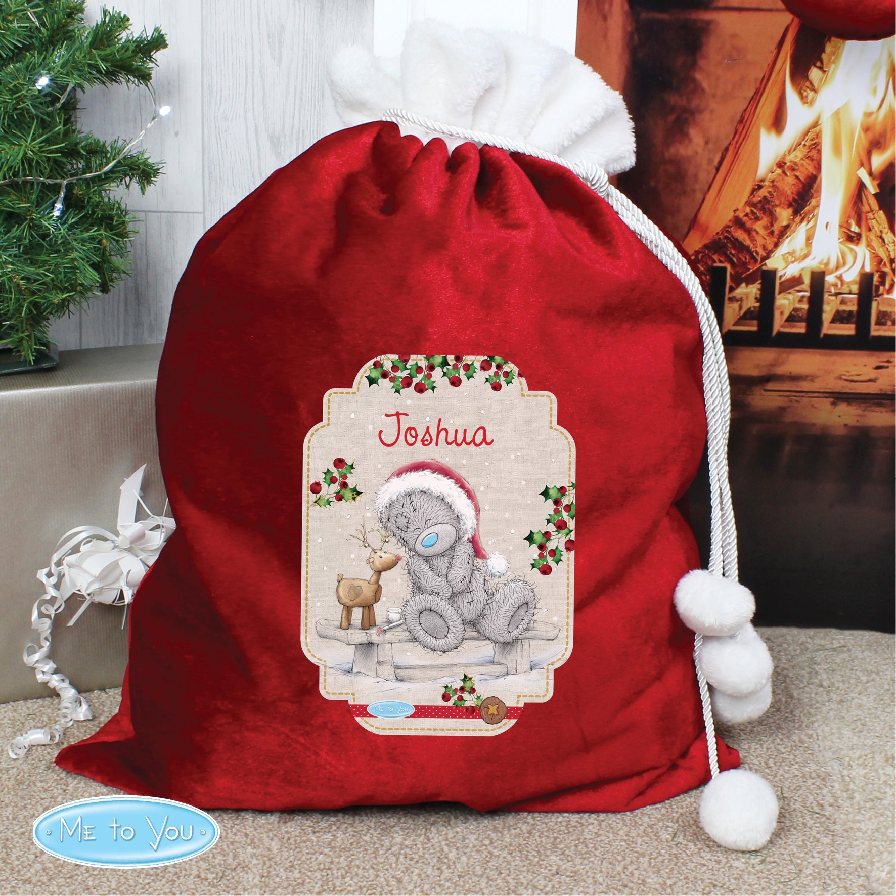 Personalised Me to You Reindeer Luxury Pom Pom Red Sack | Inspired Creative Gifts | UK Supplier