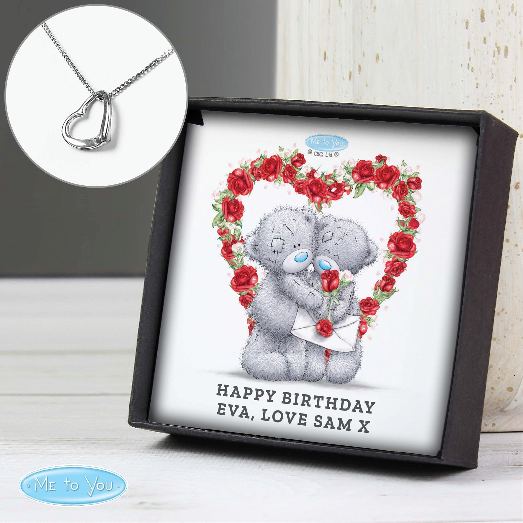 Personalised Me to You Roses Sterling Silver Heart Necklace and Box | Inspired Creative Gifts | UK Supplier