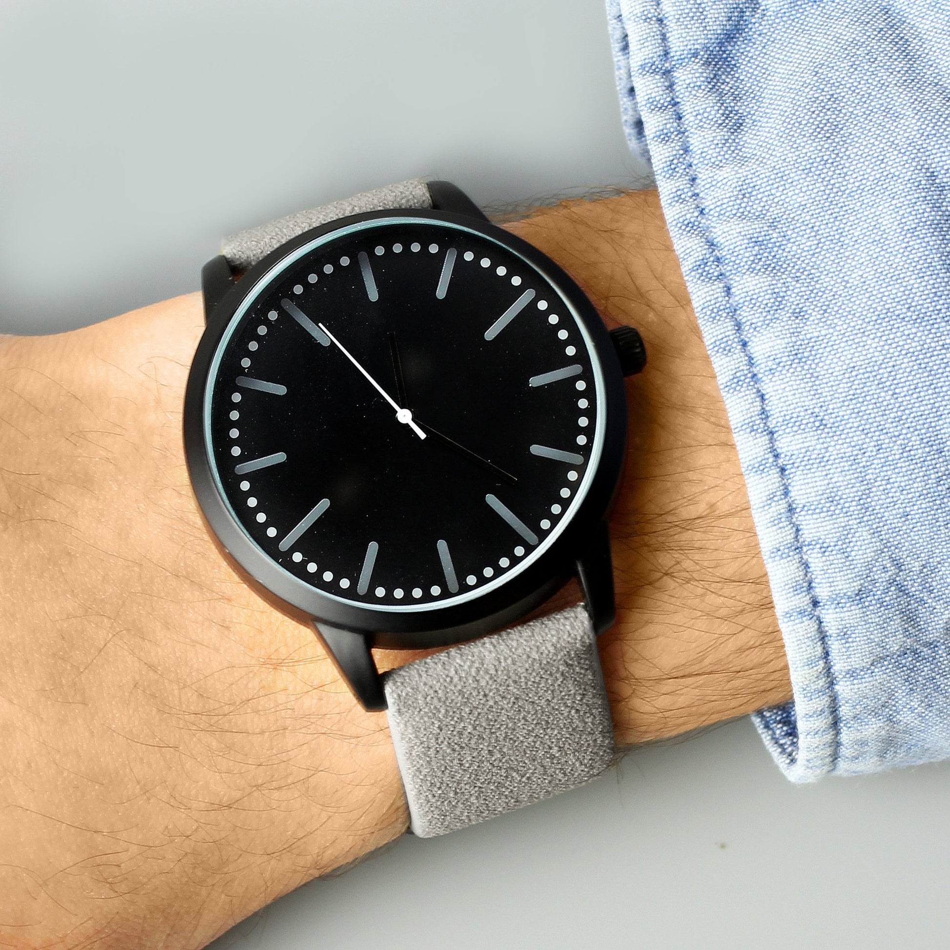Personalised Mens Matte Black Watch with Grey Strap and Presentation Box | Inspired Creative Gifts | UK Supplier