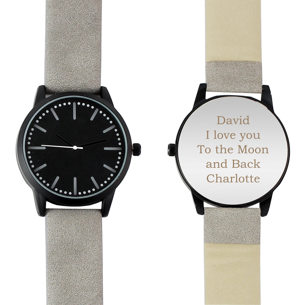 Personalised Mens Matte Black Watch with Grey Strap and Presentation Box | Inspired Creative Gifts | UK Supplier
