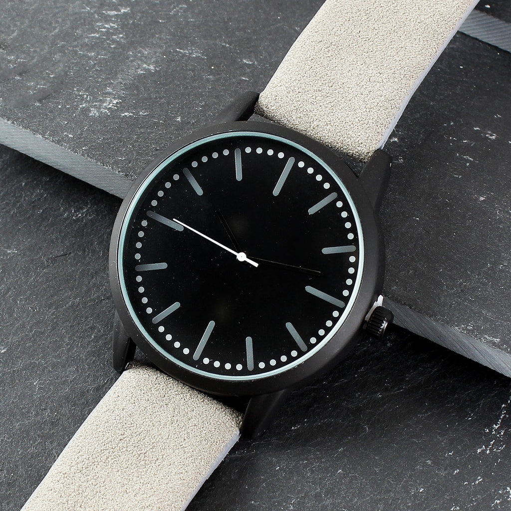 Personalised Mens Matte Black Watch with Grey Strap and Presentation Box | Inspired Creative Gifts | UK Supplier