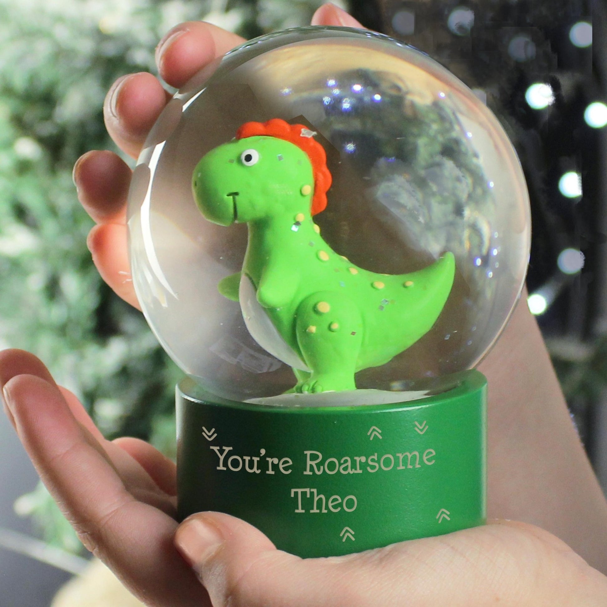 Personalised Message Dinosaur Glitter Snow Globe | Inspired Creative Gifts | UK Supplier
