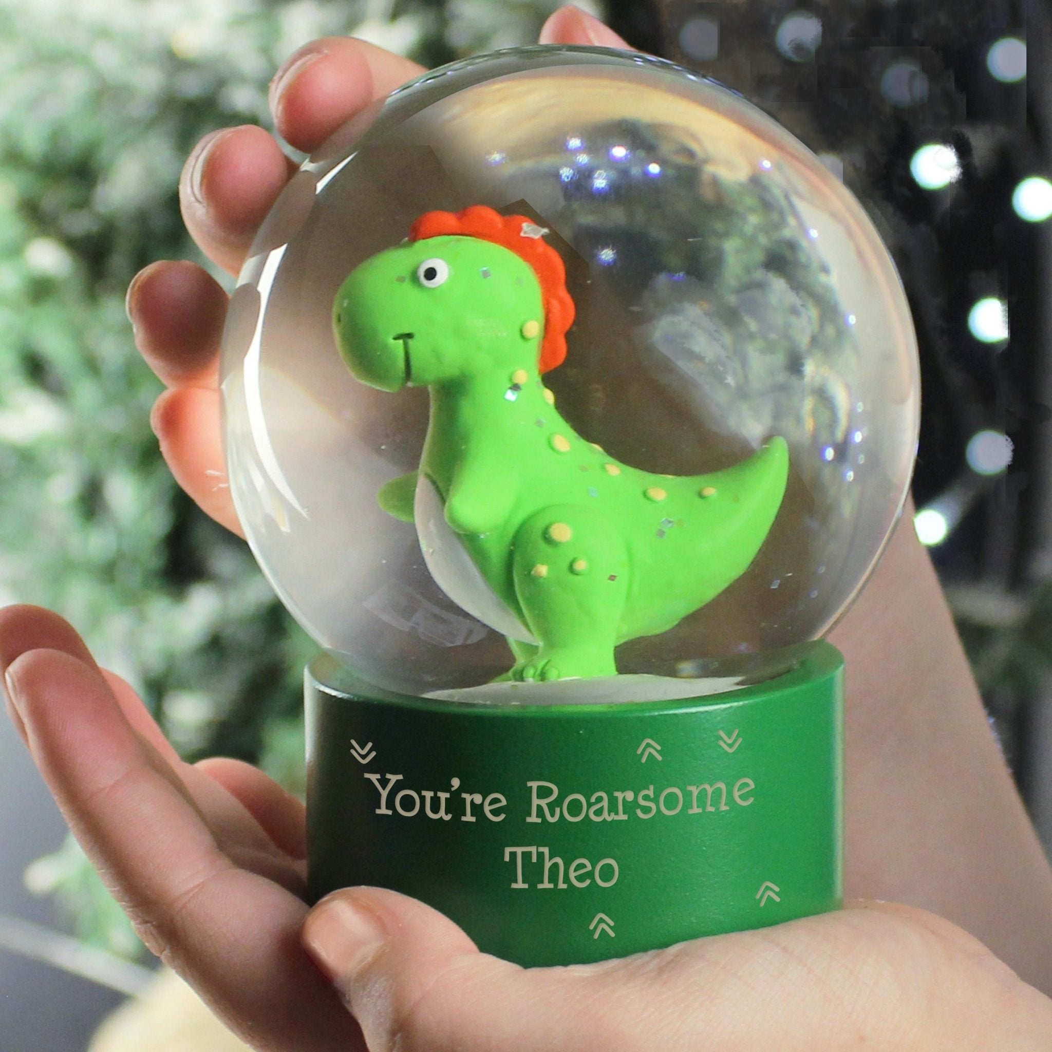 Personalised Message Dinosaur Glitter Snow Globe | Inspired Creative Gifts | UK Supplier
