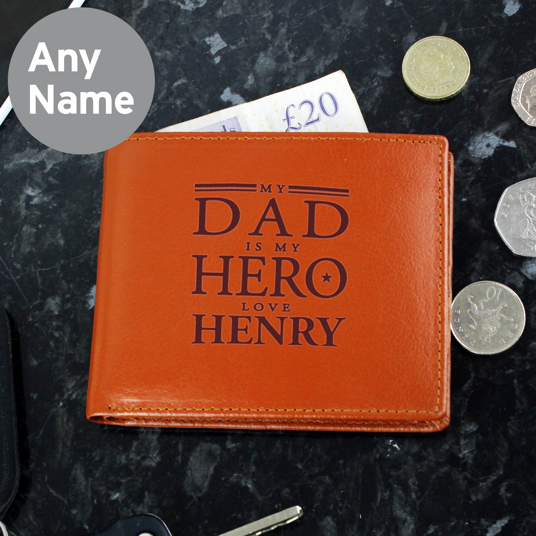 Personalised My Dad is My Hero Tan Leather Wallet | Inspired Creative Gifts | UK Supplier