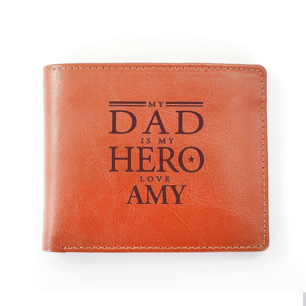 Personalised My Dad is My Hero Tan Leather Wallet | Inspired Creative Gifts | UK Supplier