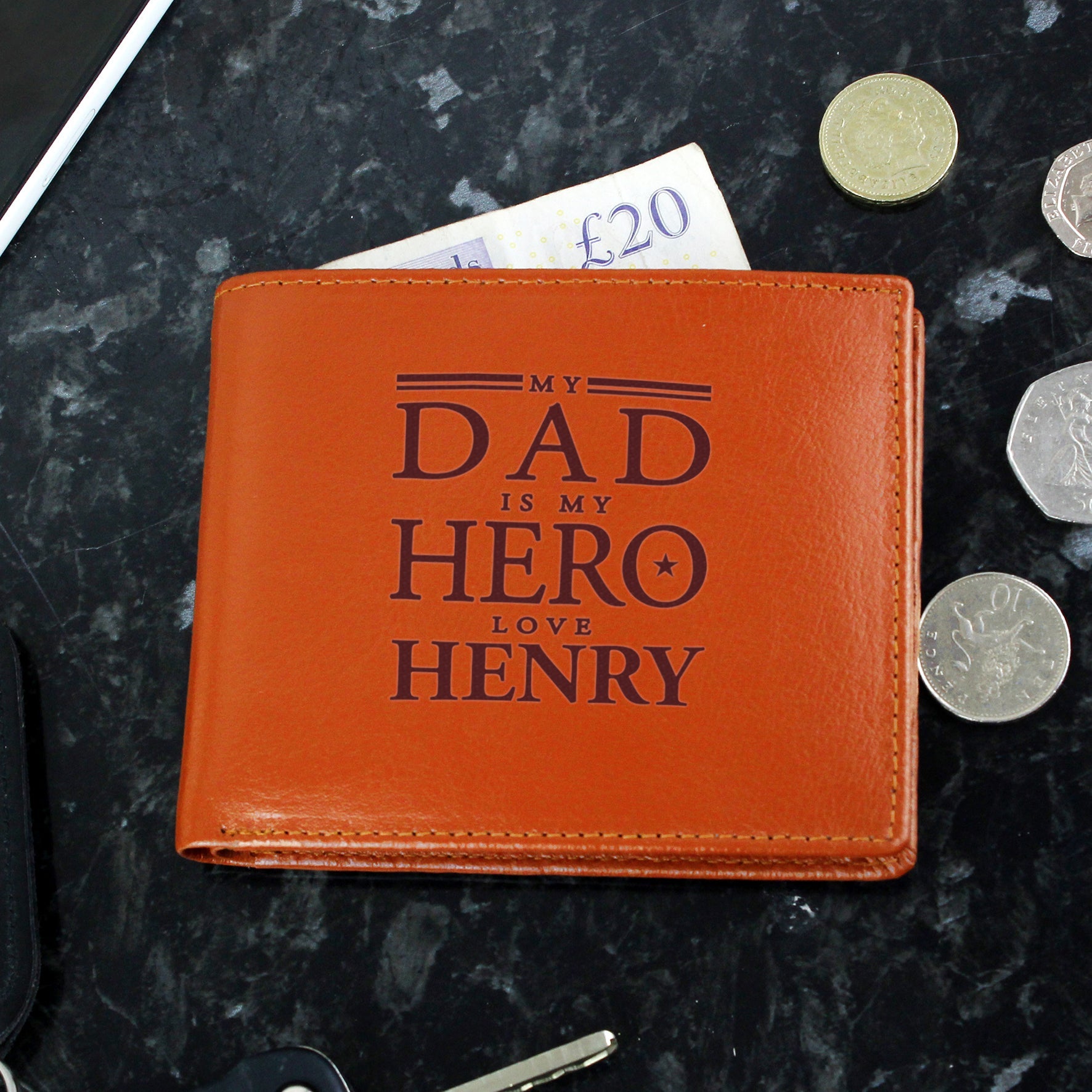 Personalised My Dad is My Hero Tan Leather Wallet | Inspired Creative Gifts | UK Supplier