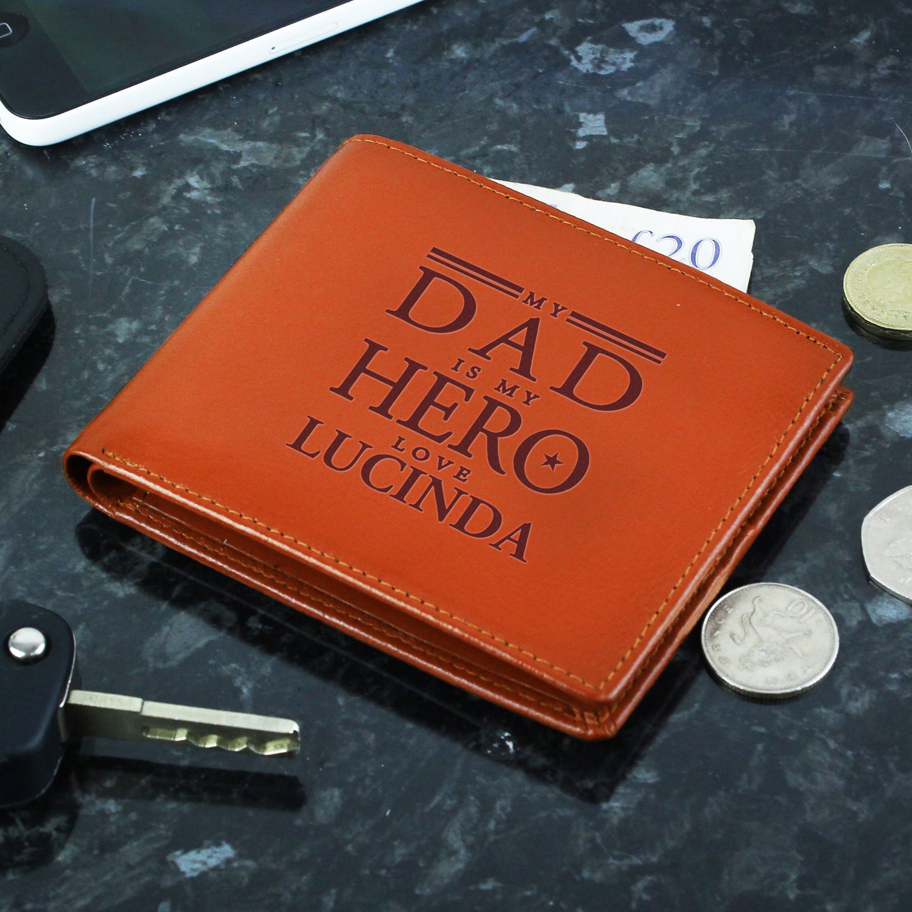 Personalised My Dad is My Hero Tan Leather Wallet | Inspired Creative Gifts | UK Supplier