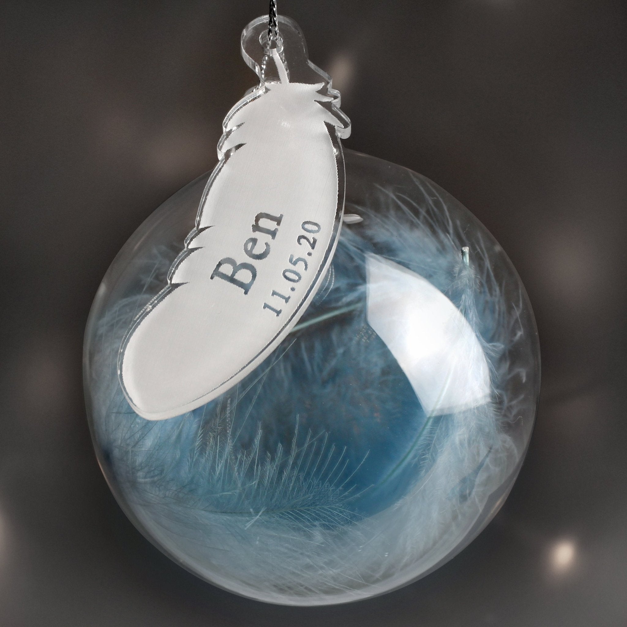 Personalised Name & Date Blue Feather Glass Bauble | Inspired Creative Gifts | UK Supplier