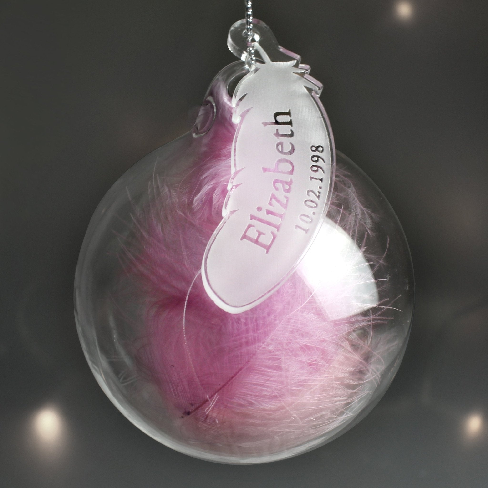 Personalised Name & Date Pink Feather Glass Bauble | Inspired Creative Gifts | UK Supplier