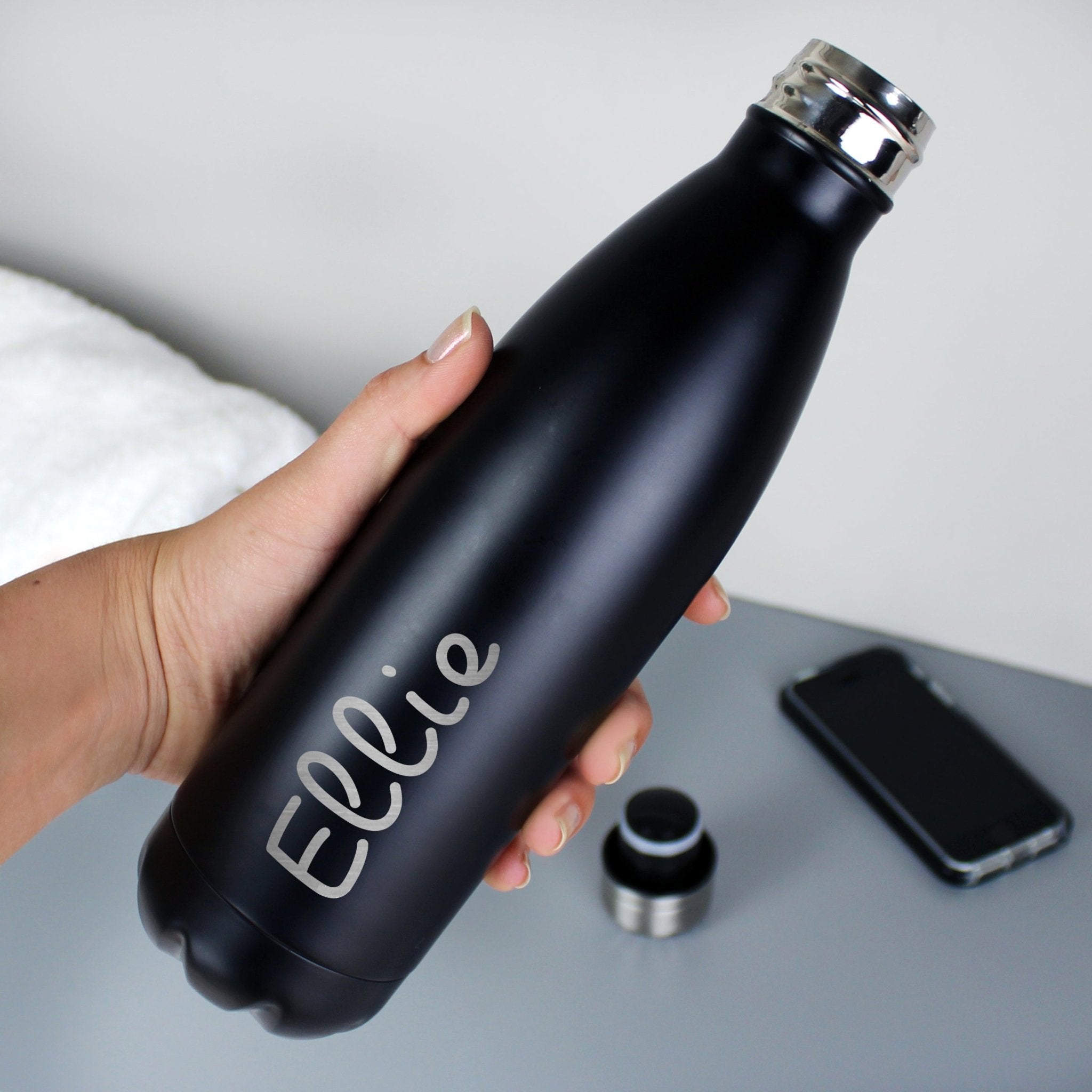 Personalised Name Only Black Metal Insulated Drinks Bottle | Inspired Creative Gifts | UK Supplier