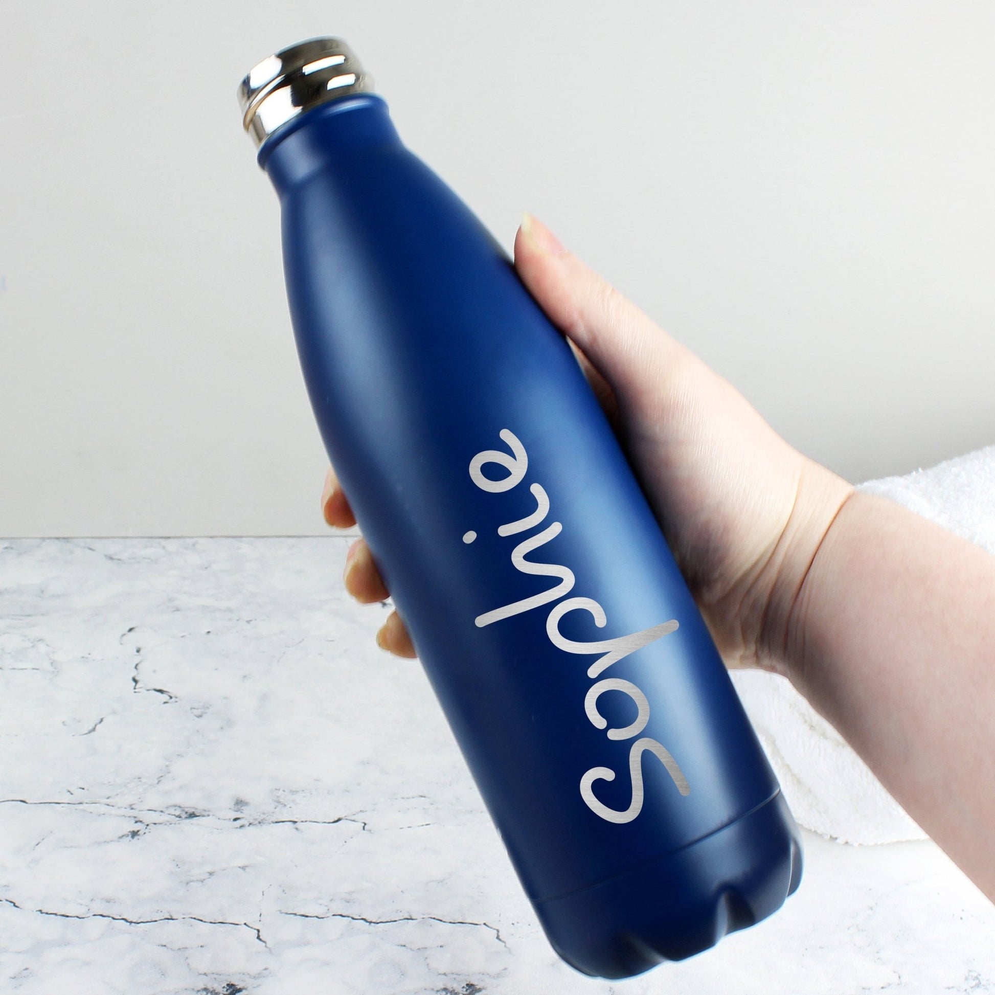 Personalised Name Only Blue Metal Insulated Drinks Bottle | Inspired Creative Gifts