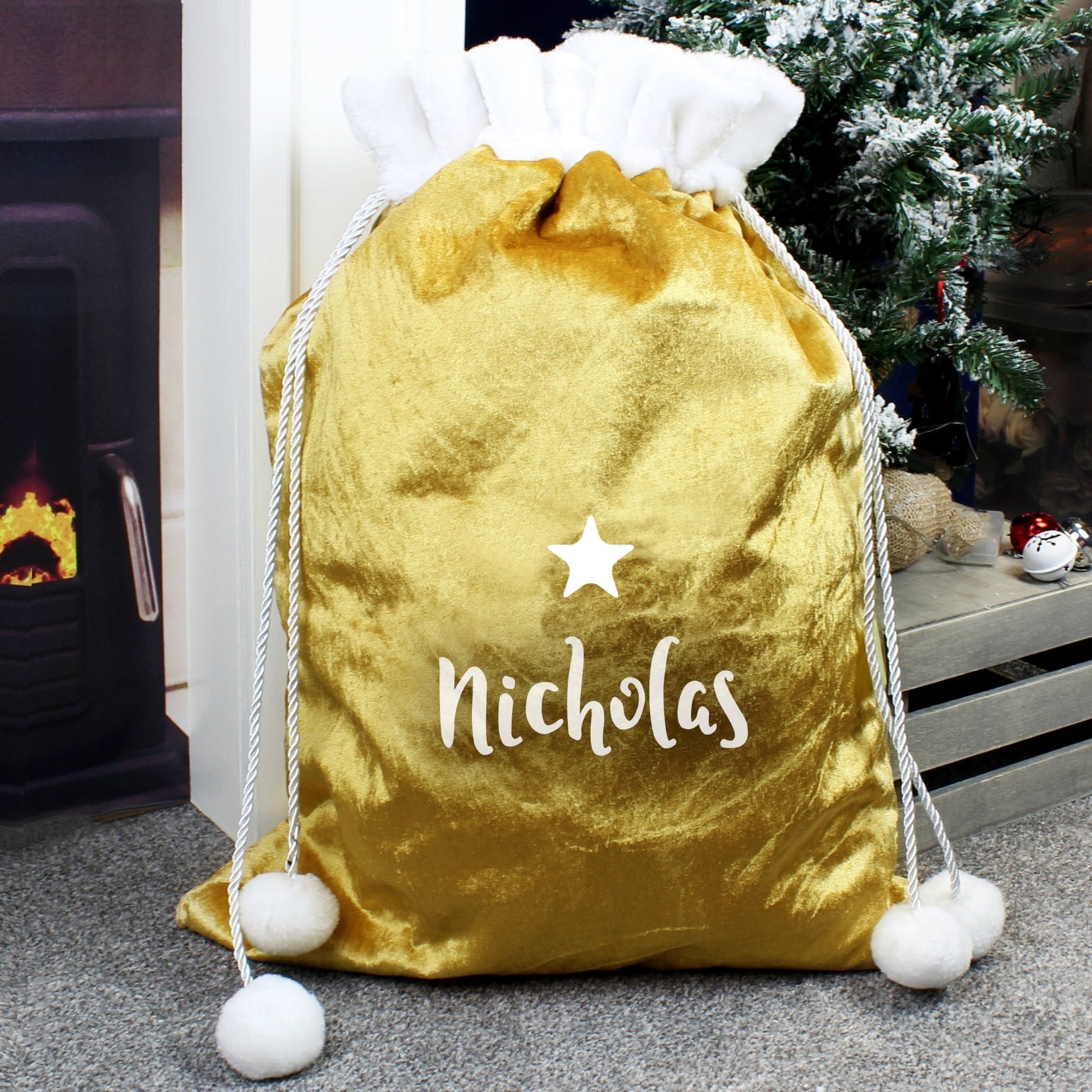 Personalised Name Only Gold Luxury Pom Pom Sack | Inspired Creative Gifts | UK Supplier