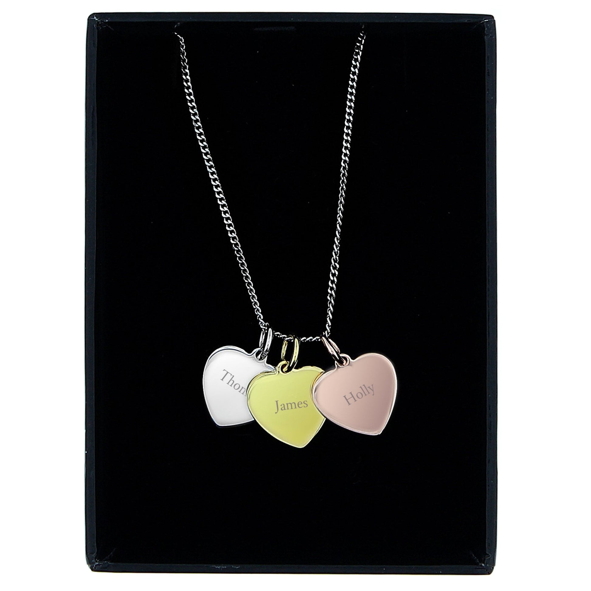 Personalised Names Gold Rose Gold and Silver 3 Hearts Necklace | Inspired Creative Gifts | UK Supplier