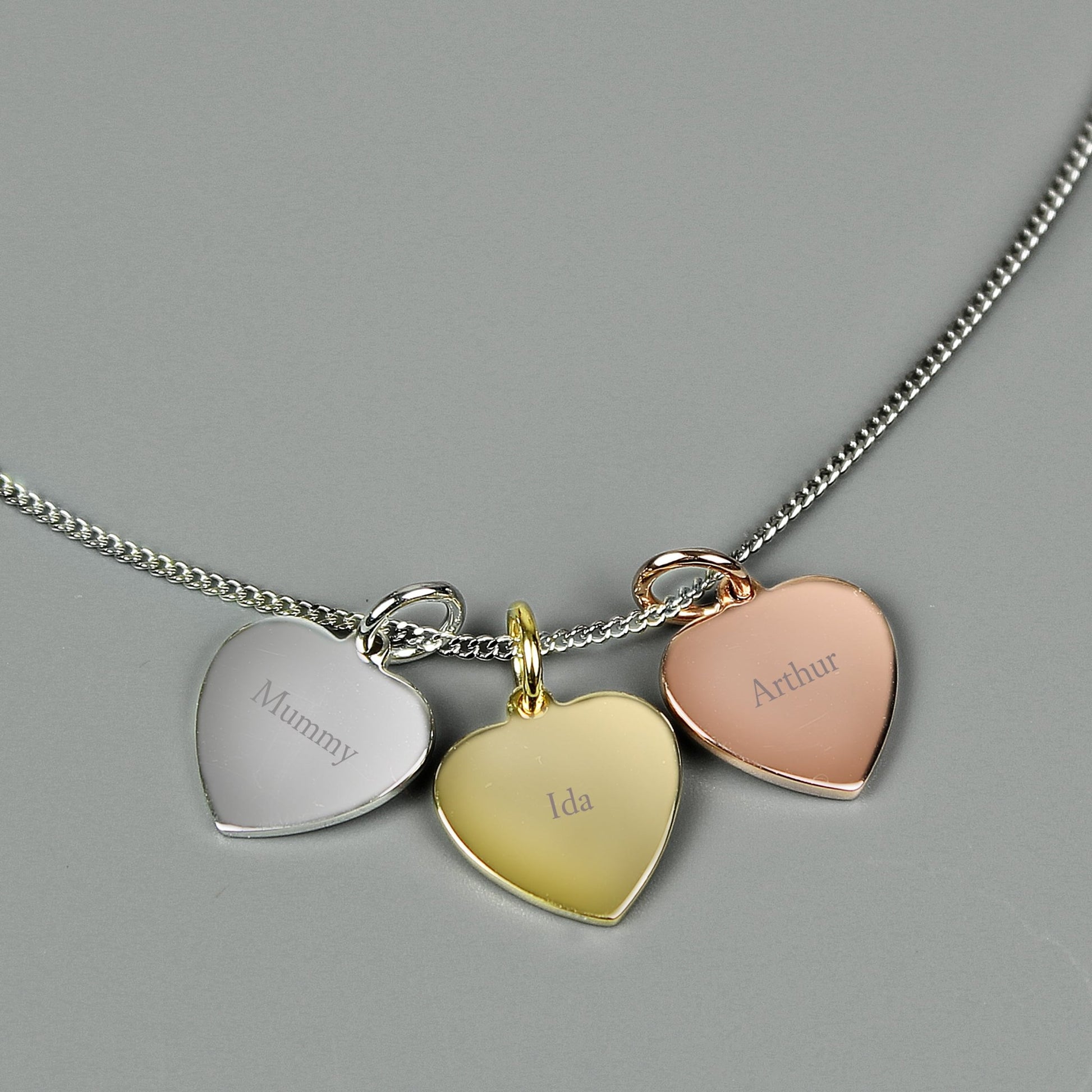 Personalised Names Gold Rose Gold and Silver 3 Hearts Necklace | Inspired Creative Gifts | UK Supplier
