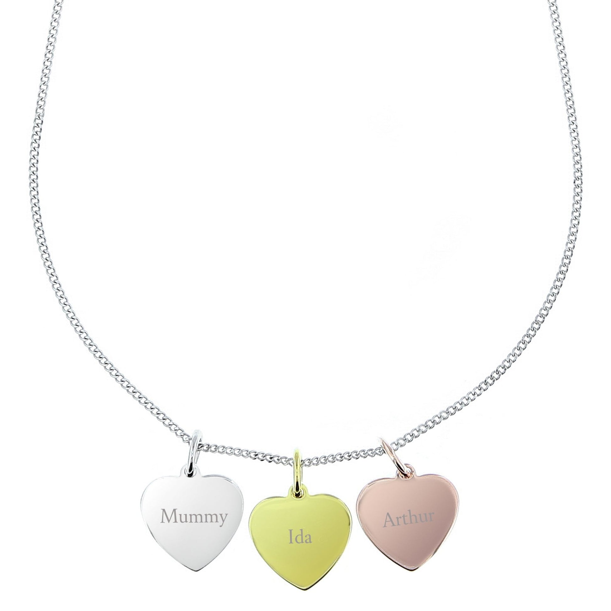 Personalised Names Gold Rose Gold and Silver 3 Hearts Necklace | Inspired Creative Gifts | UK Supplier