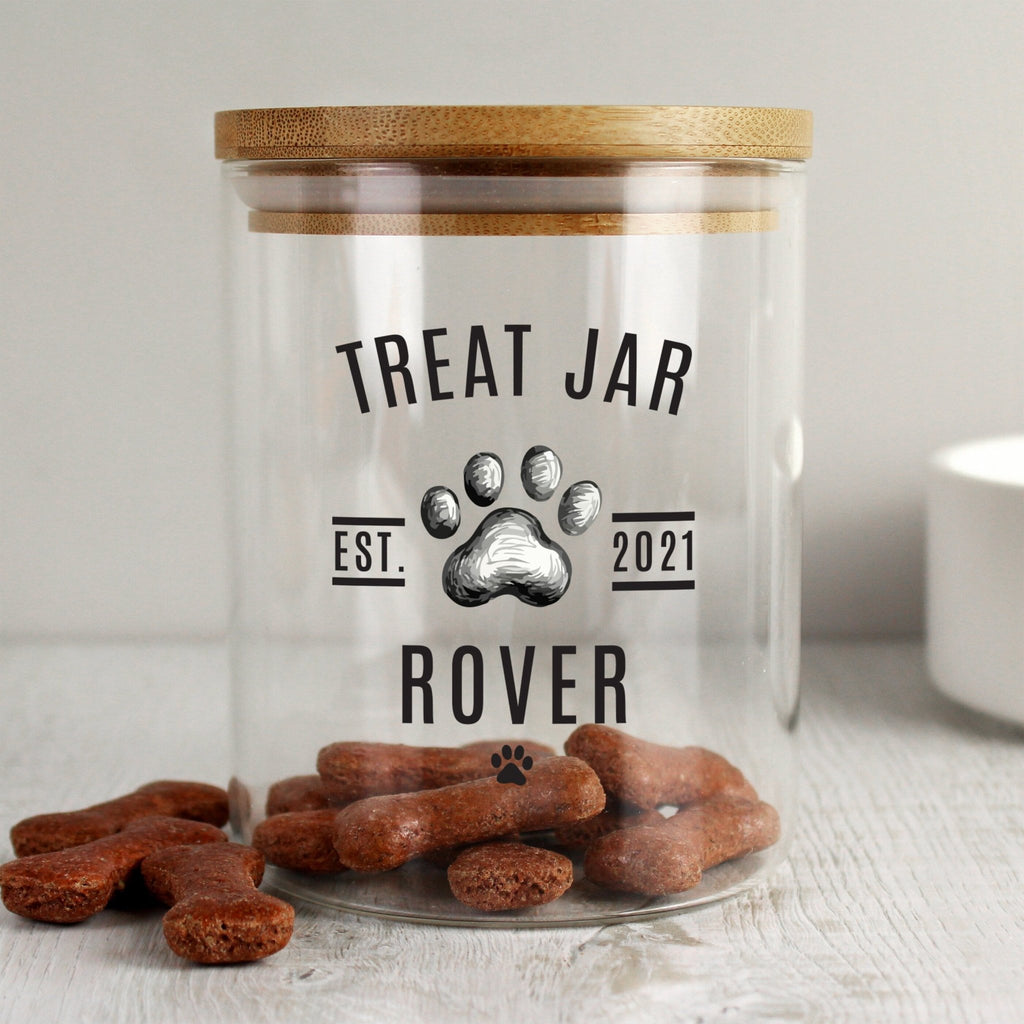 Personalised Pet Treats Glass Jar with Bamboo Lid | Inspired Creative Gifts | UK Supplier