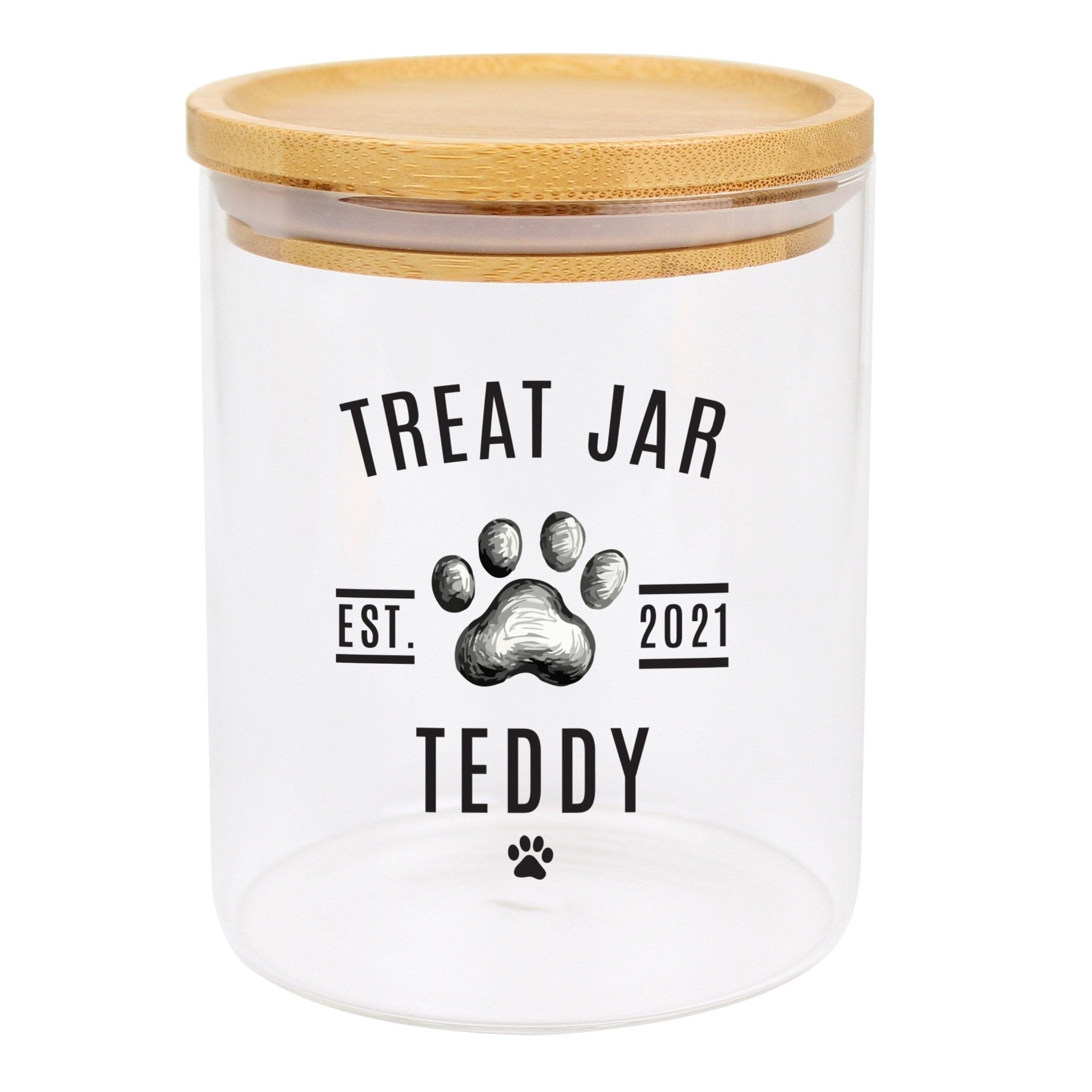 Personalised Pet Treats Glass Jar with Bamboo Lid | Inspired Creative Gifts | UK Supplier