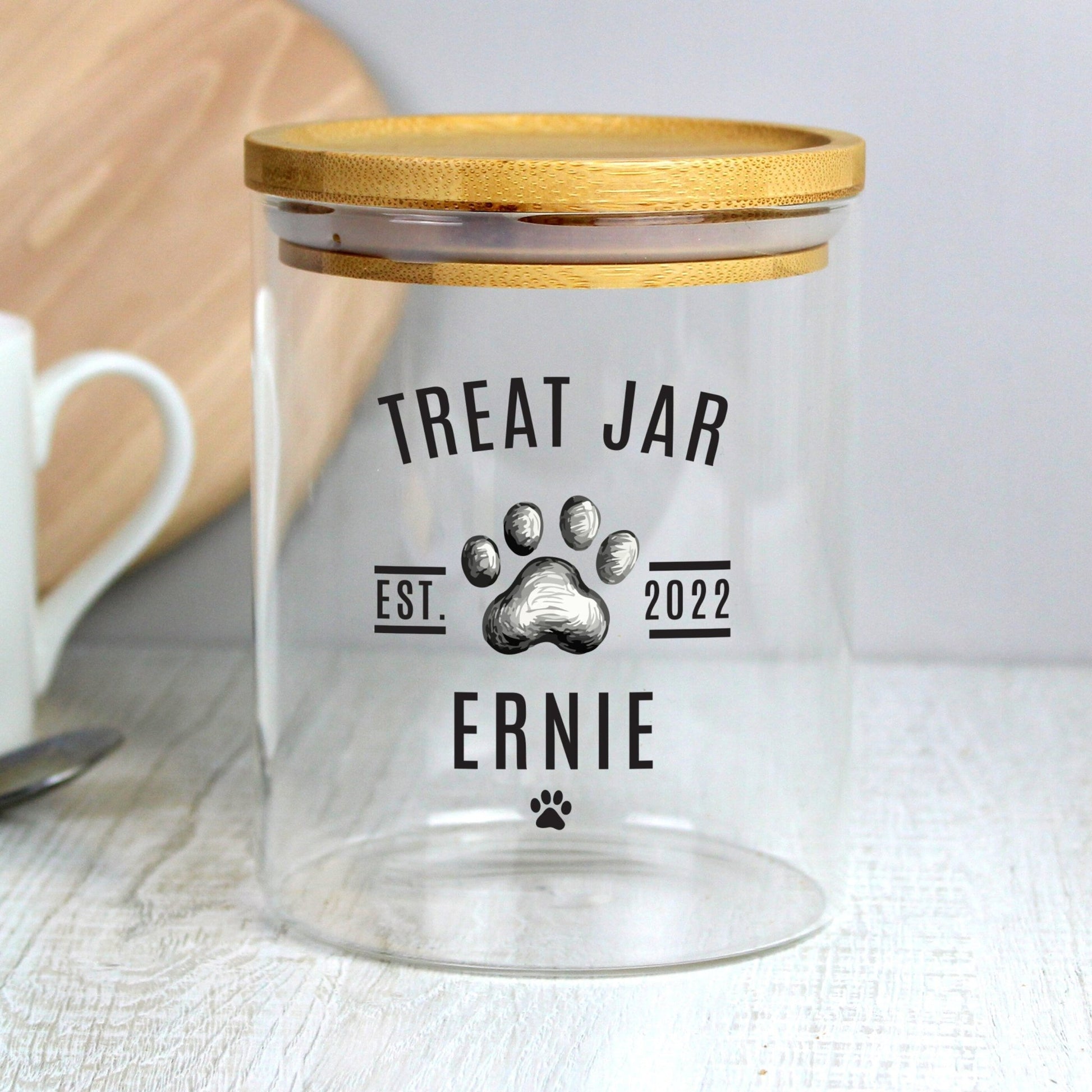 Personalised Pet Treats Glass Jar with Bamboo Lid | Inspired Creative Gifts | UK Supplier