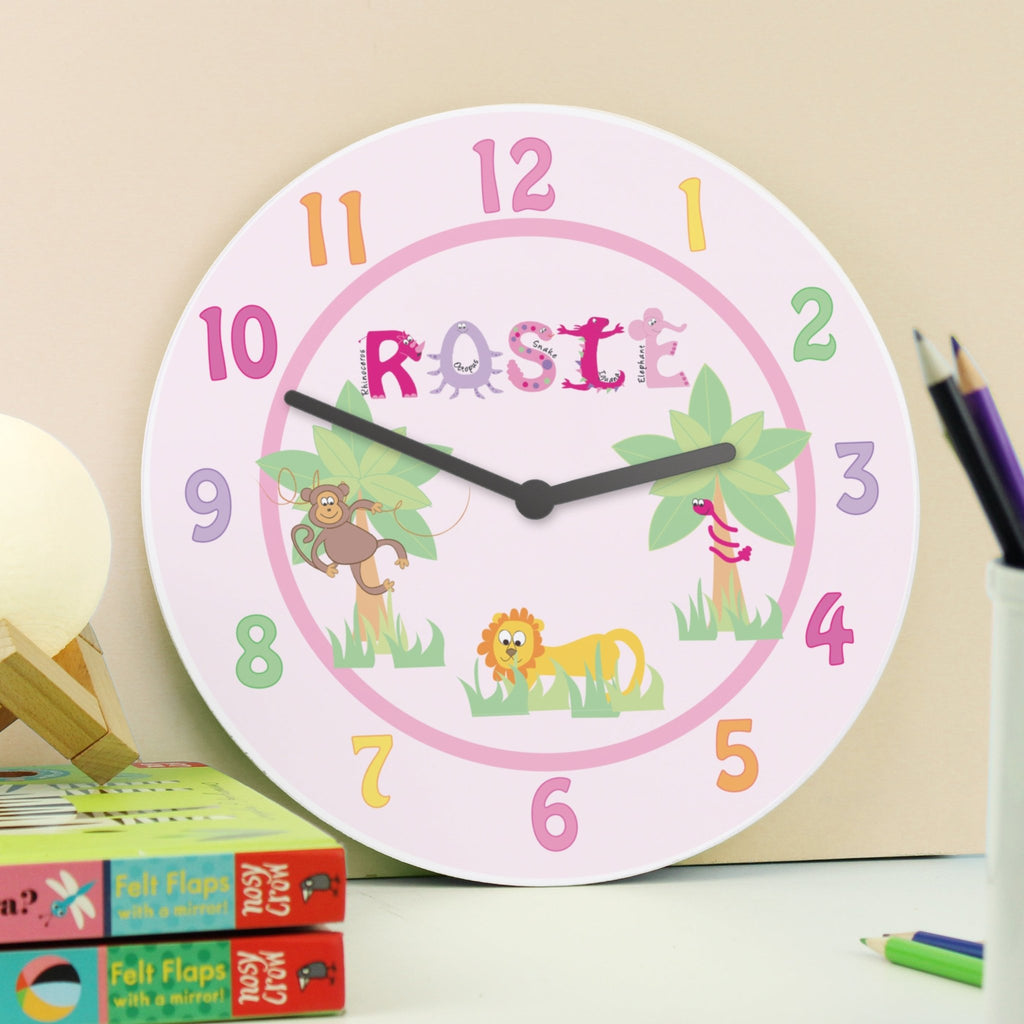 Personalised Pink Animal Alphabet Clock | Inspired Creative Gifts | UK Supplier