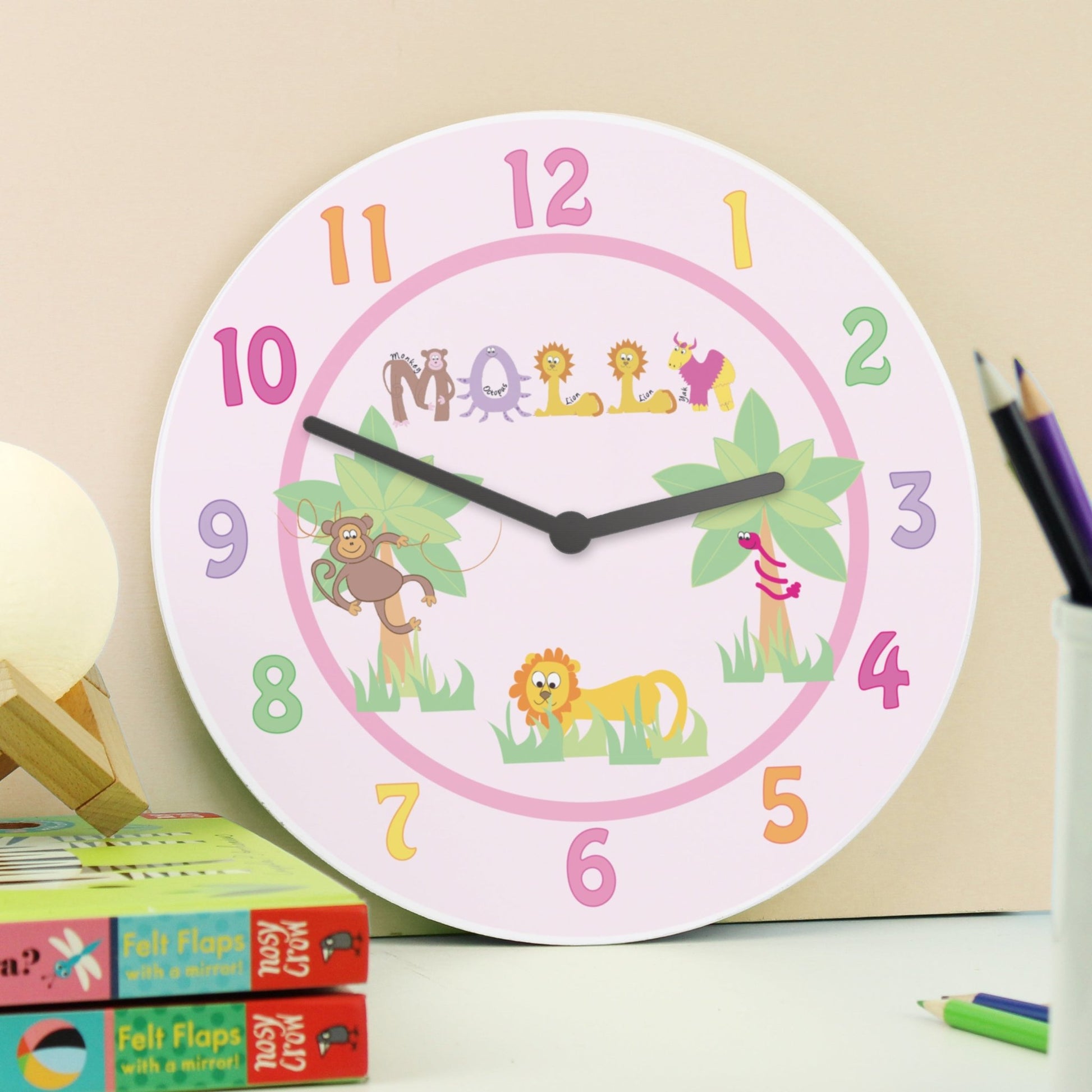 Personalised Pink Animal Alphabet Clock | Inspired Creative Gifts | UK Supplier